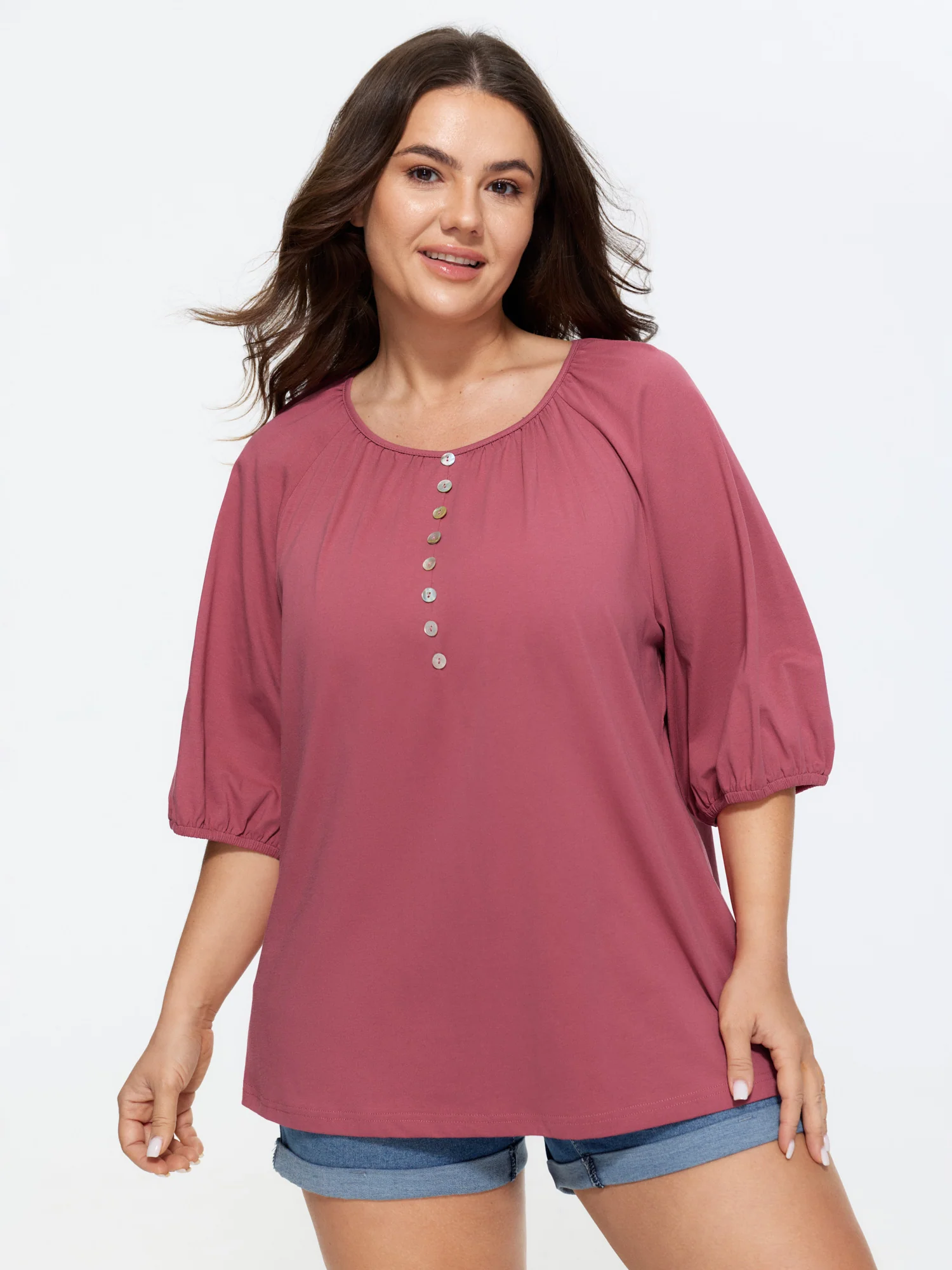 Cotton Pleated Button-Front Jersey Top