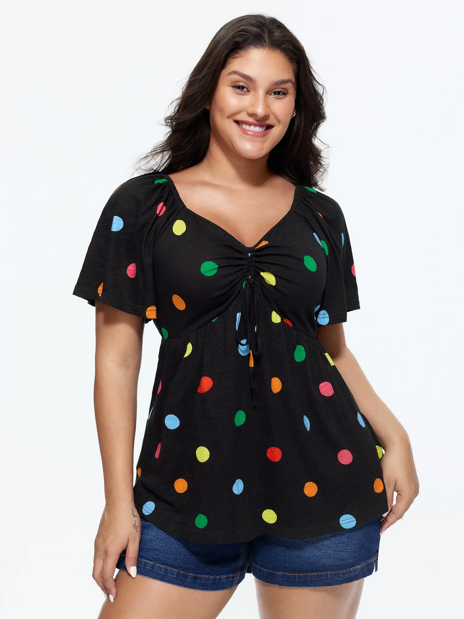 Cotton Stretchy Colorful Dot Print Drawstring Babydoll Top