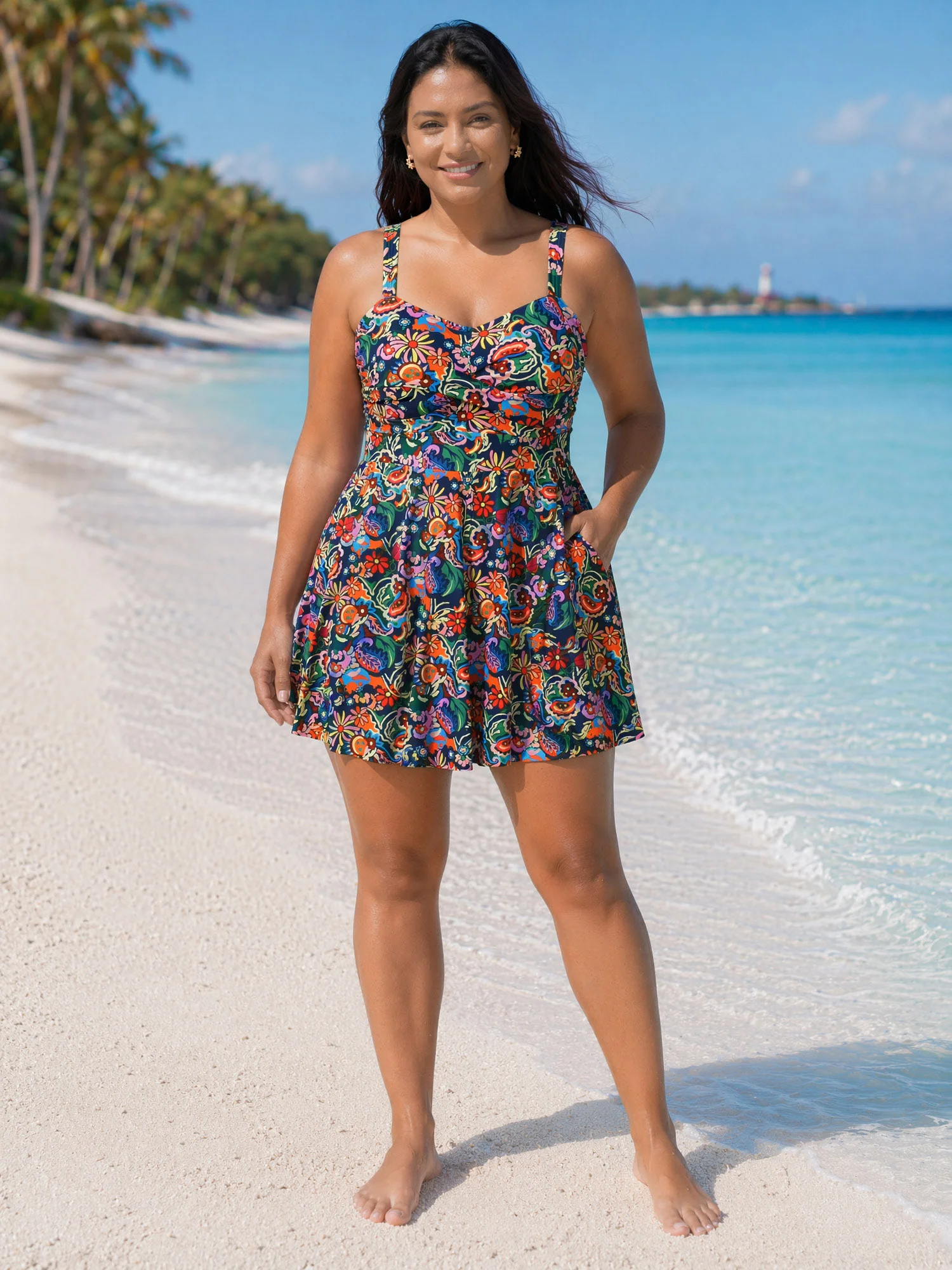 Floral Print Backless Pockets Swim Dress
