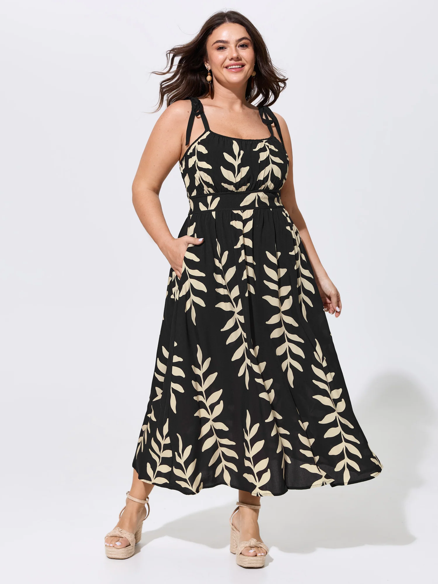 Leaf Print Shirred Adjustable Tie Maxi Dress
