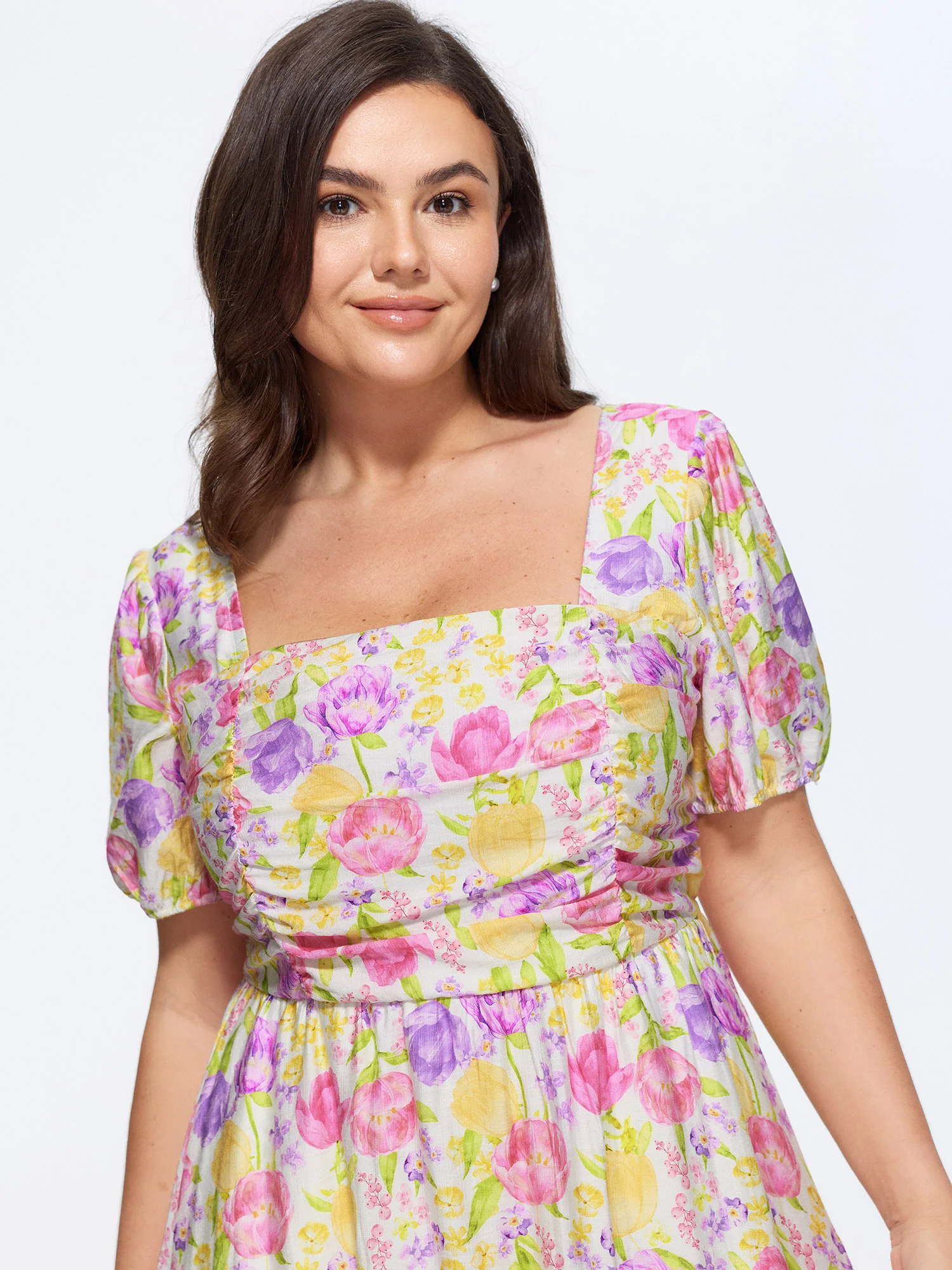 Supersoft Floral Print Pleated Bodice Square Neckline Midi Dress