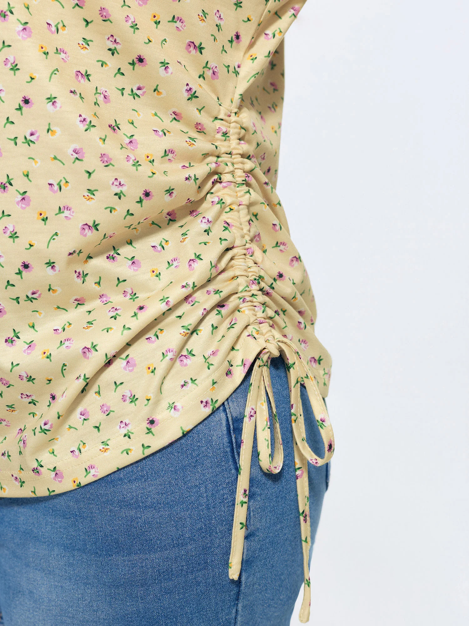 Micro Floral Print Adjustable Side Drawstring T-Shirt