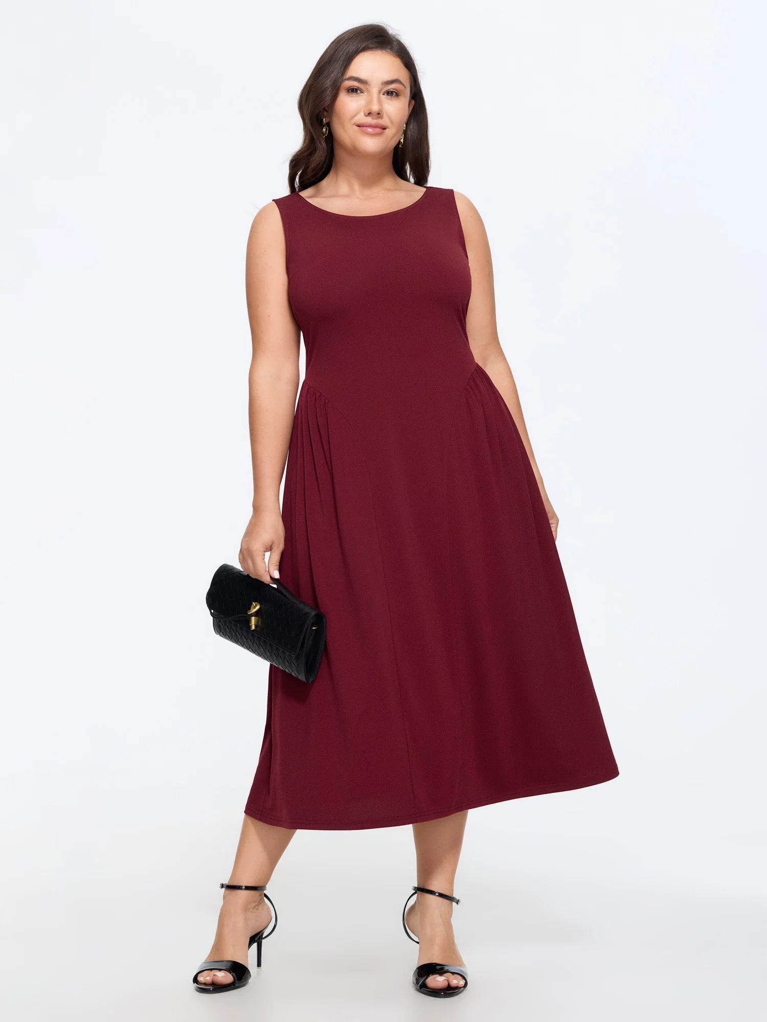 Stretchy Solid Side Ruched Sleeveless Midi Dress