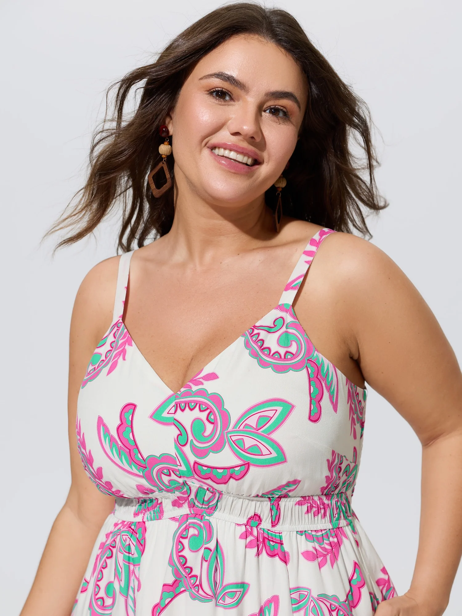 Supersoft Paisley Print Shirred Waist Adjustable Strap Midi Dress