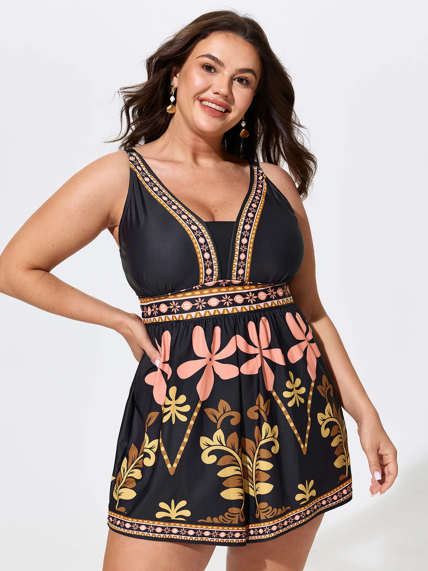 Floral Print Color Contrast Swim Romper