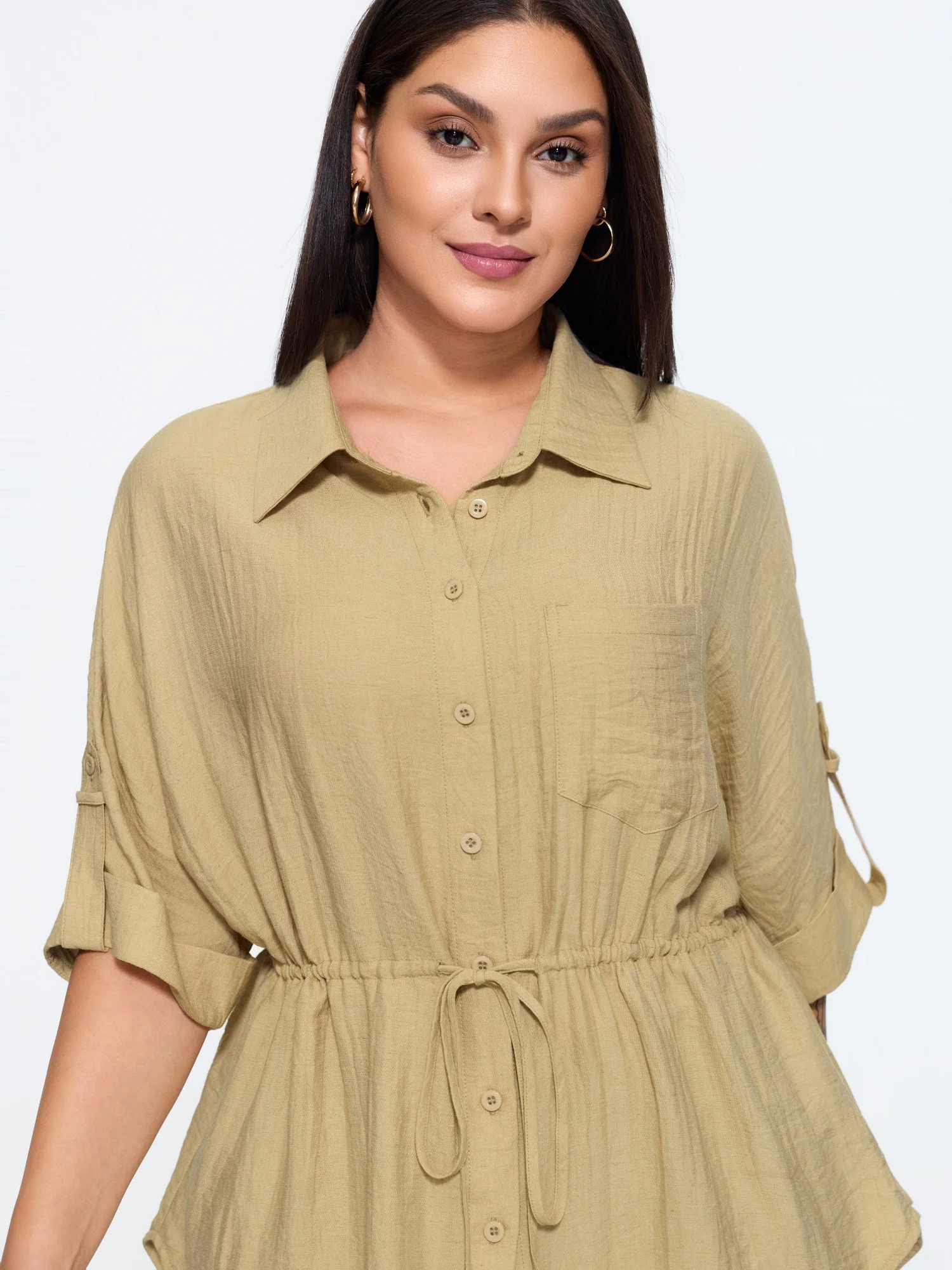 Roll Tab Sleeve Drawstring Waist Blouse