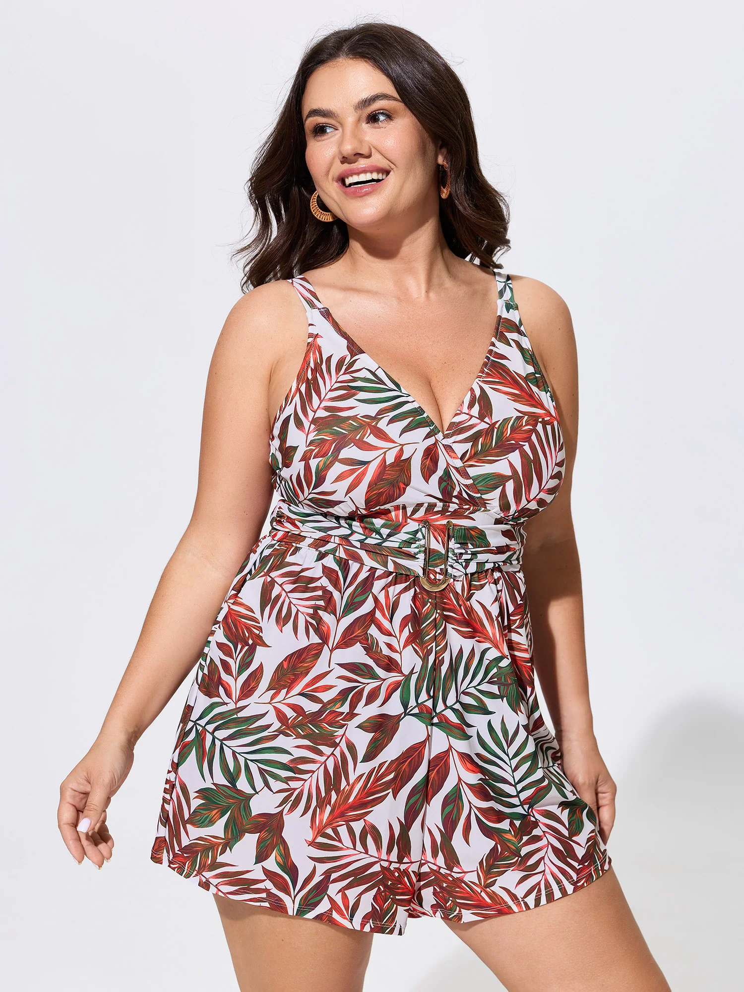 Tropical Palm Leaf Print Metal Buckle Detail One-Piece Swimsuit