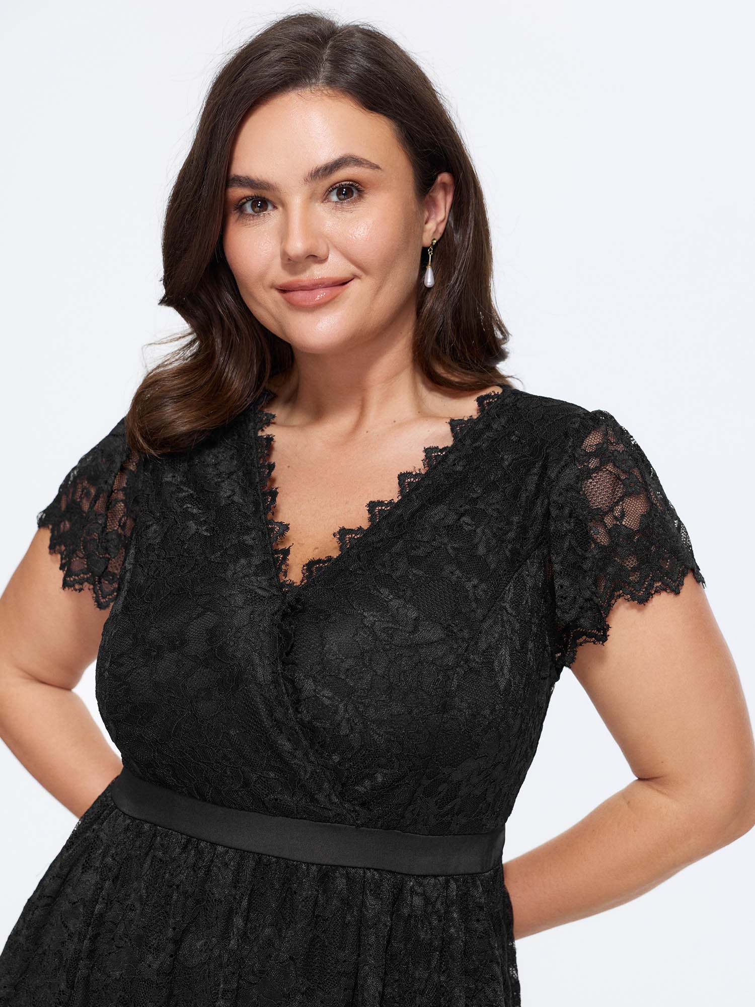 Stretchy Solid Lace Mesh V Neck Mini Dress