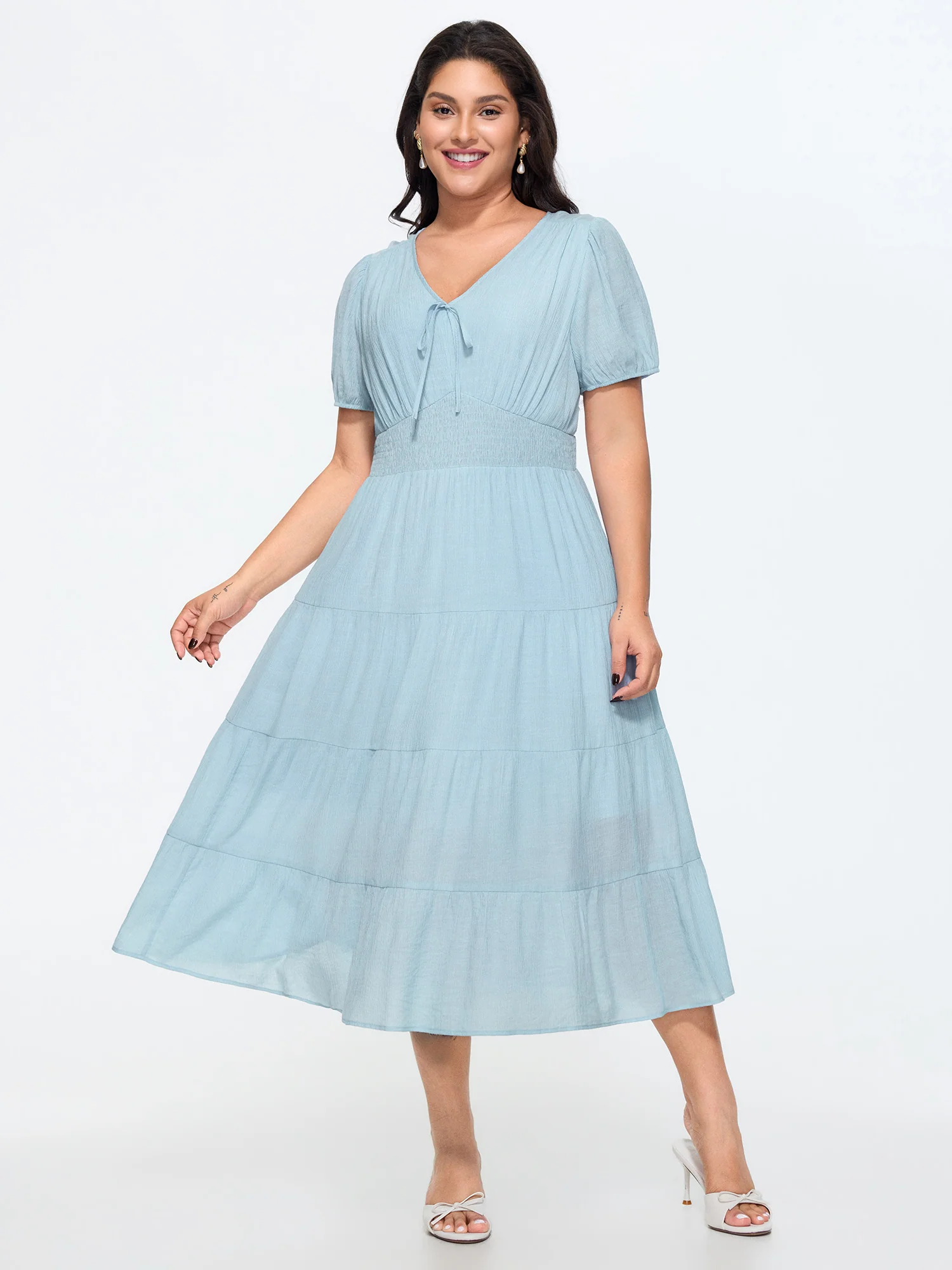 Shirred Waist Tiered Flowy Midi Dress