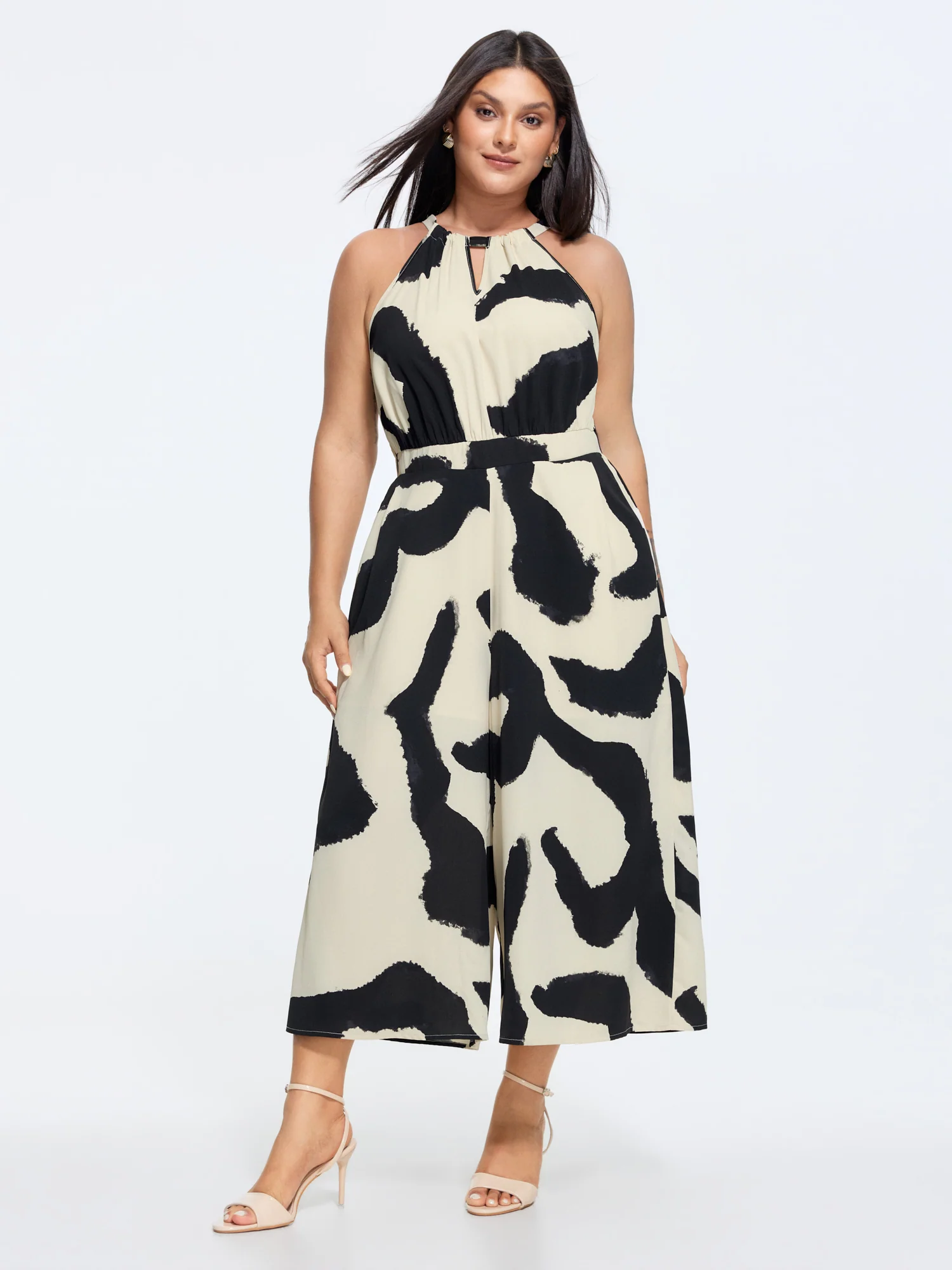 Abstract Floral Print Halter Neckline Jumpsuit