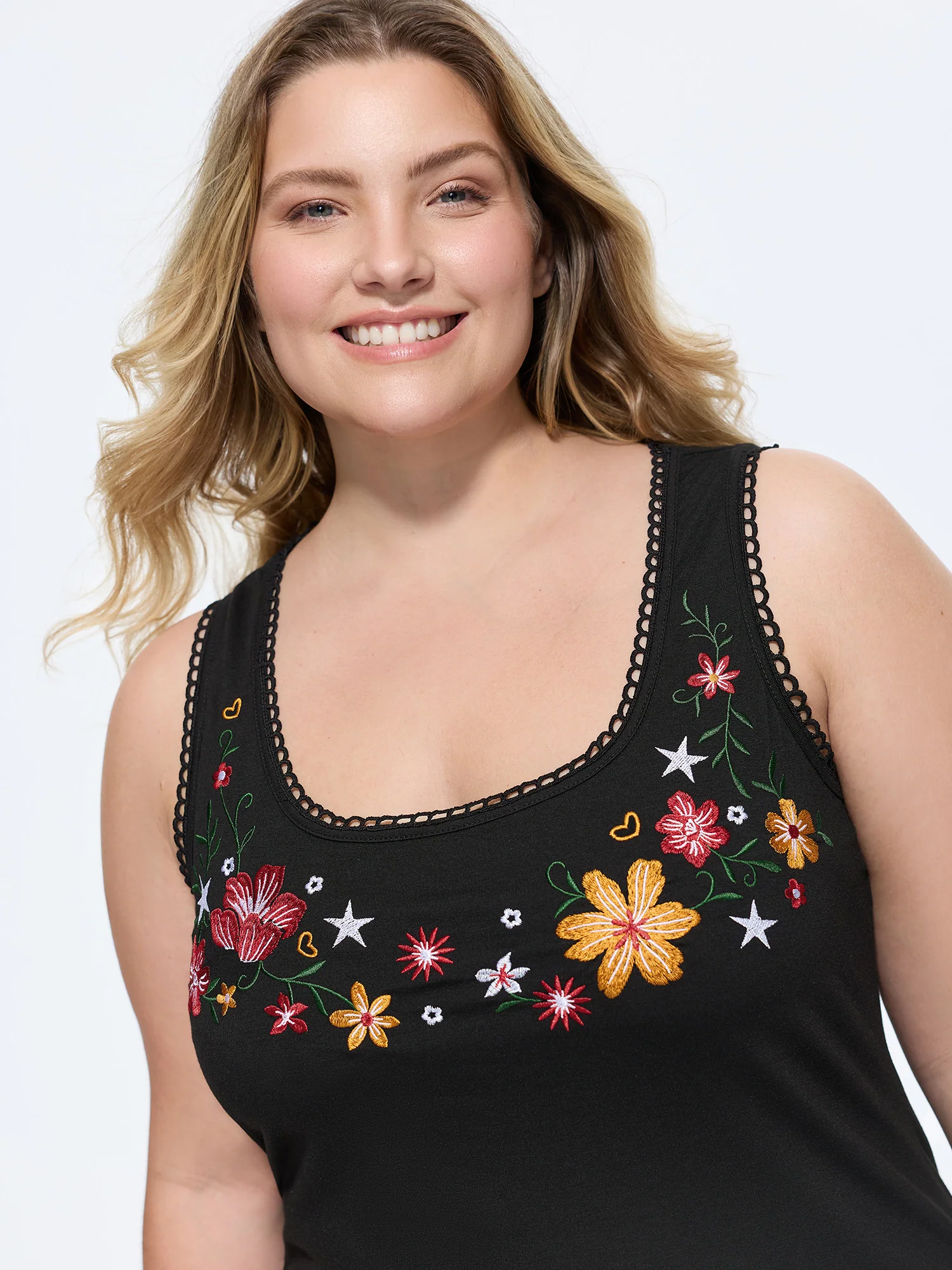 Supersoft Stretchy Floral Embroidered Tank Top