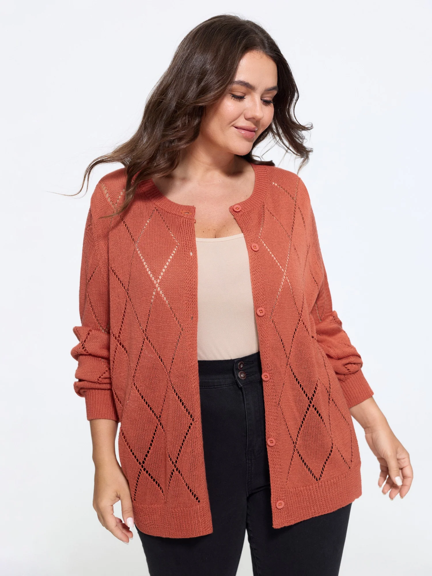 Diamond Hollow Button Long Sleeve Cardigan