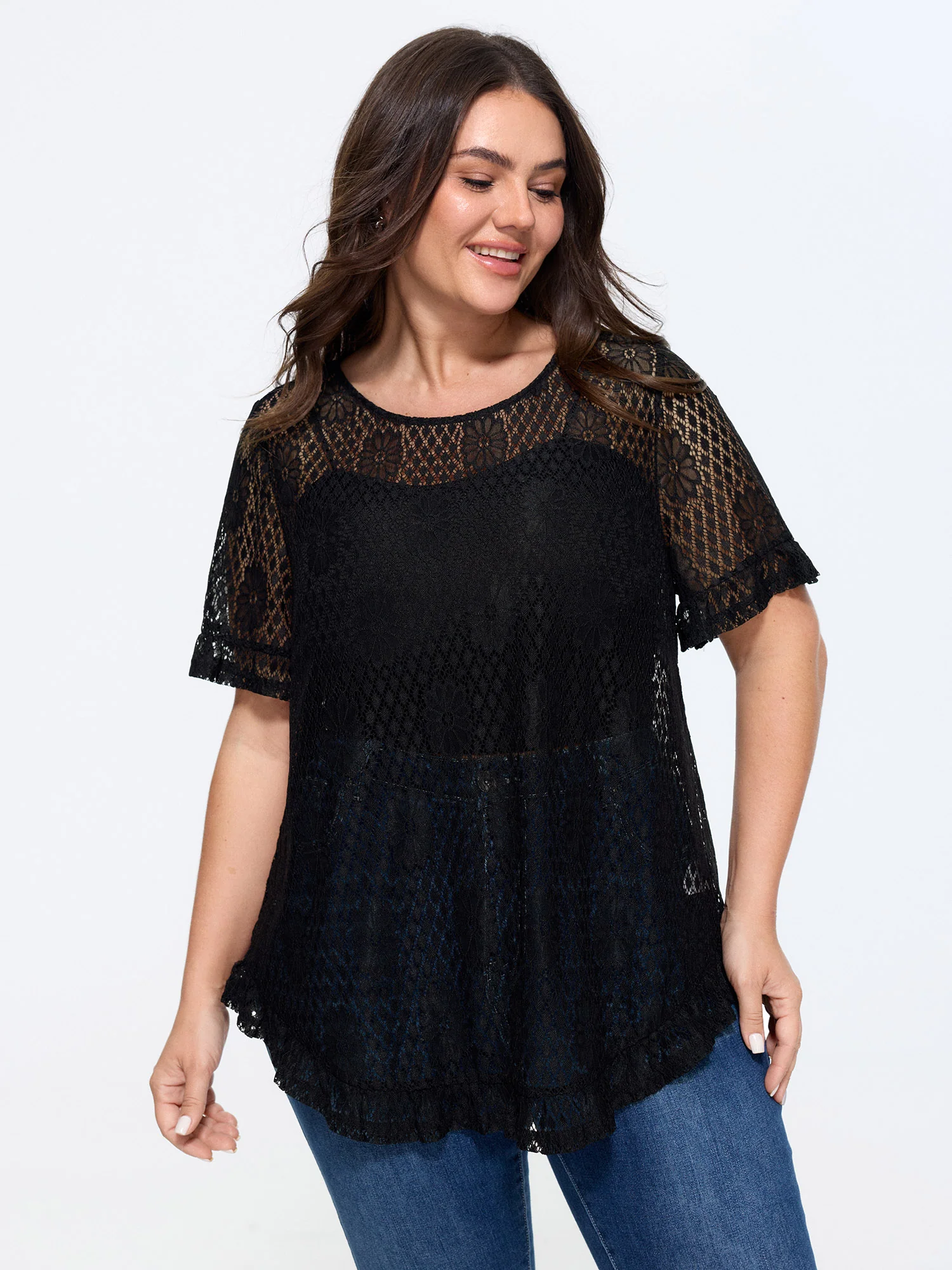 Solid Lace Hollow Back Button Ruffle Sleeve Top