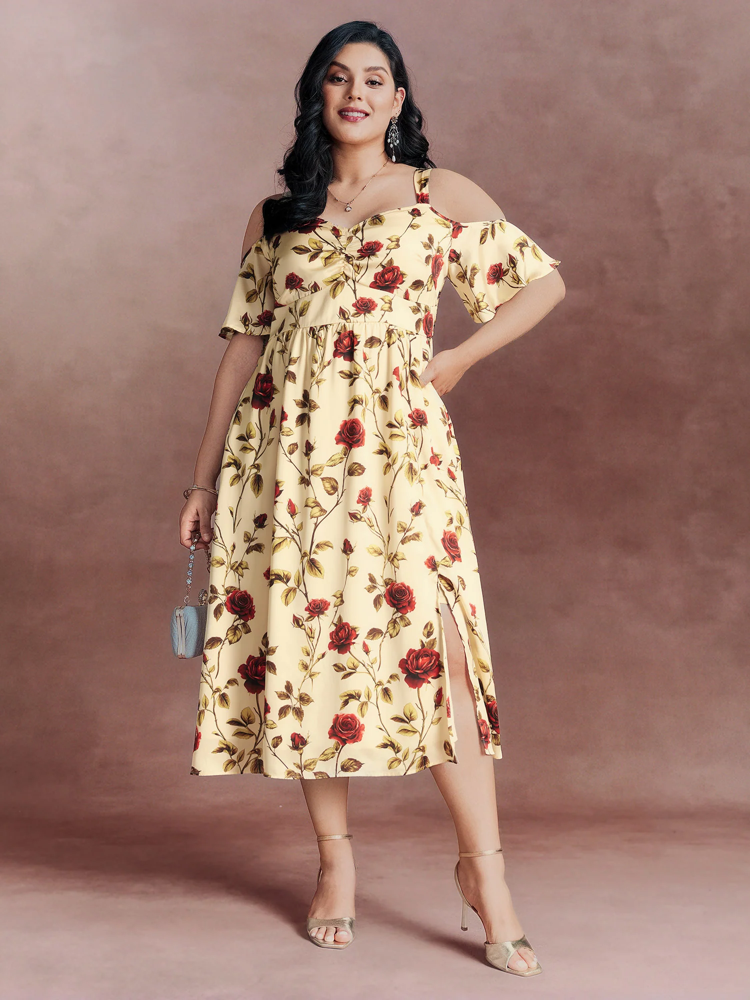 Floral Romance Cut-Out Shoulder Shirred Midi Dress