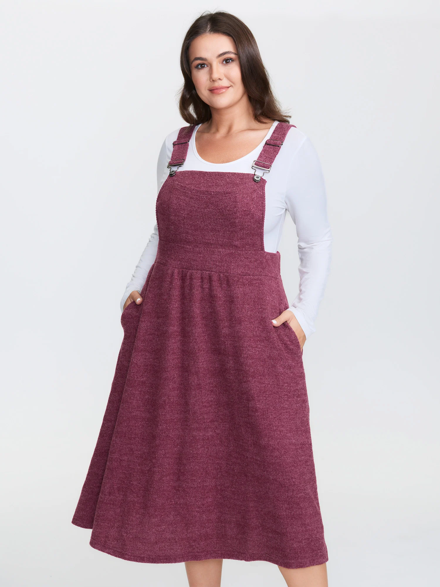 Plush Ribbed Stretchy Waistband Midi Overall Dress