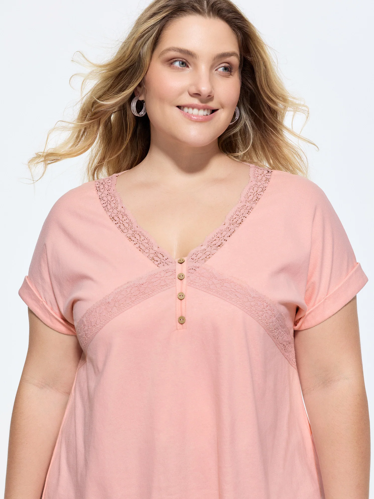 Cotton Lace Neckline Sheer T-Shirt