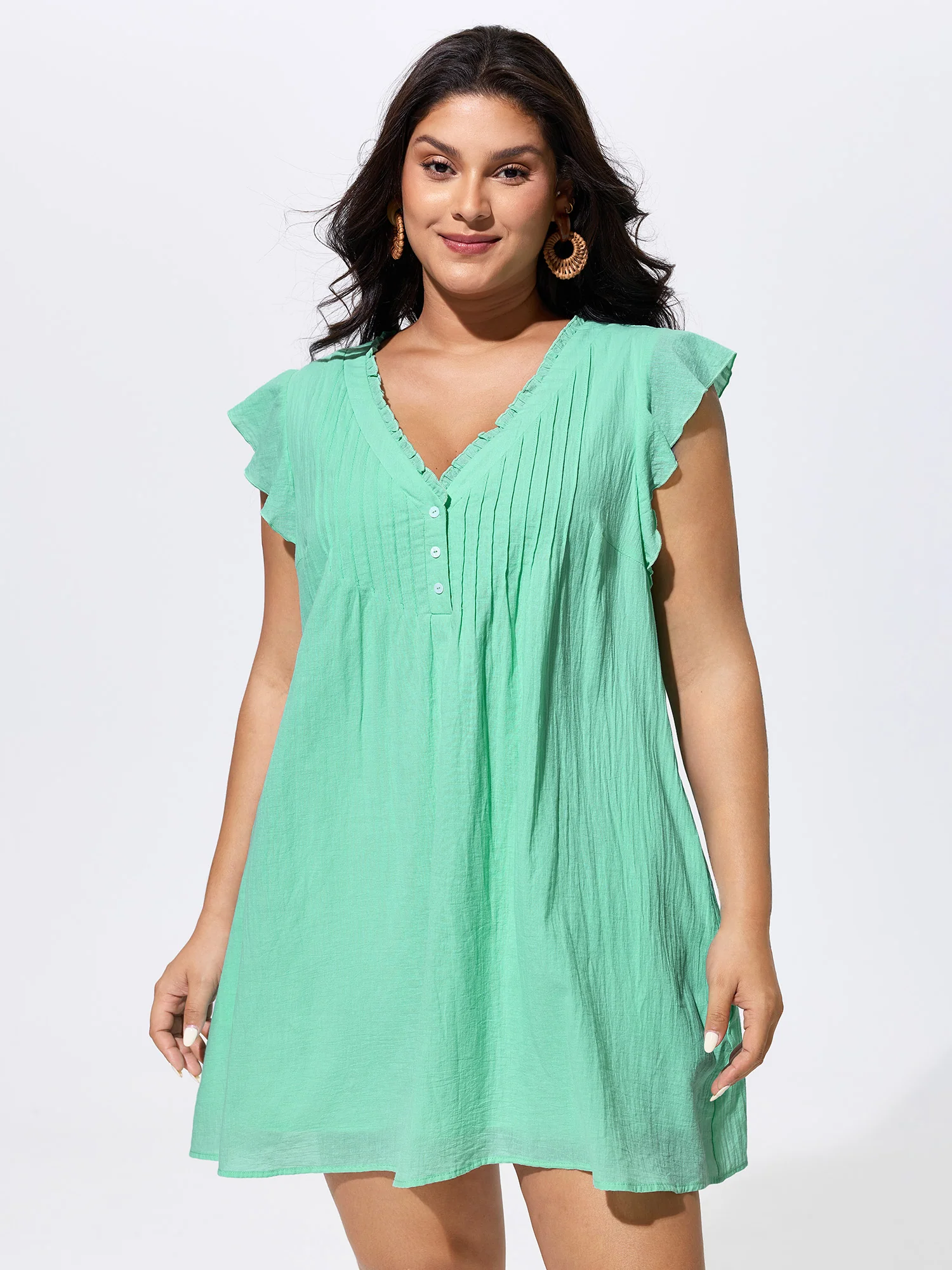Cotton Toothpick Pleated Plain Mini Dress