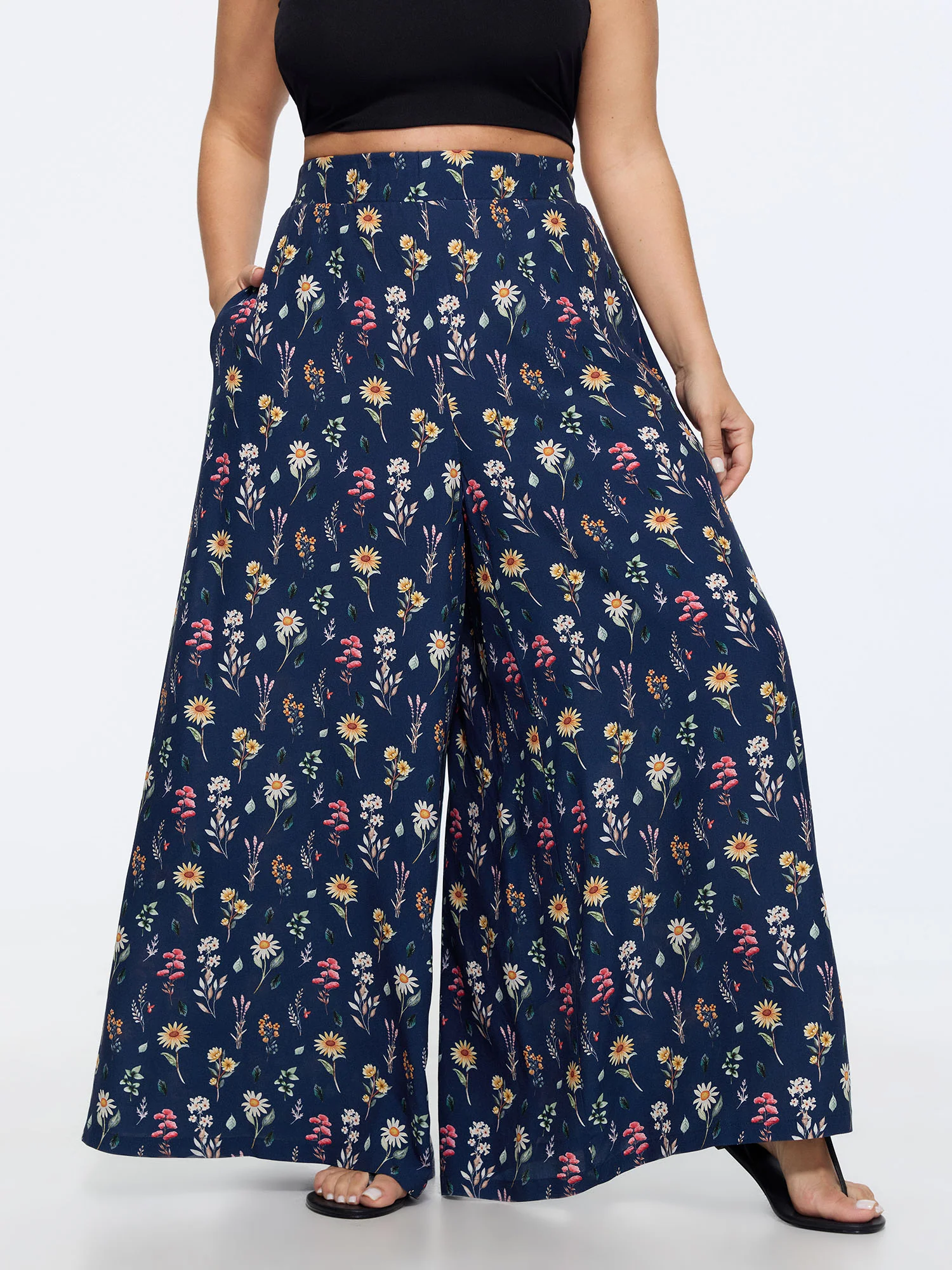 Ditsy Floral Print Stretchy Waist Wide Leg Pants