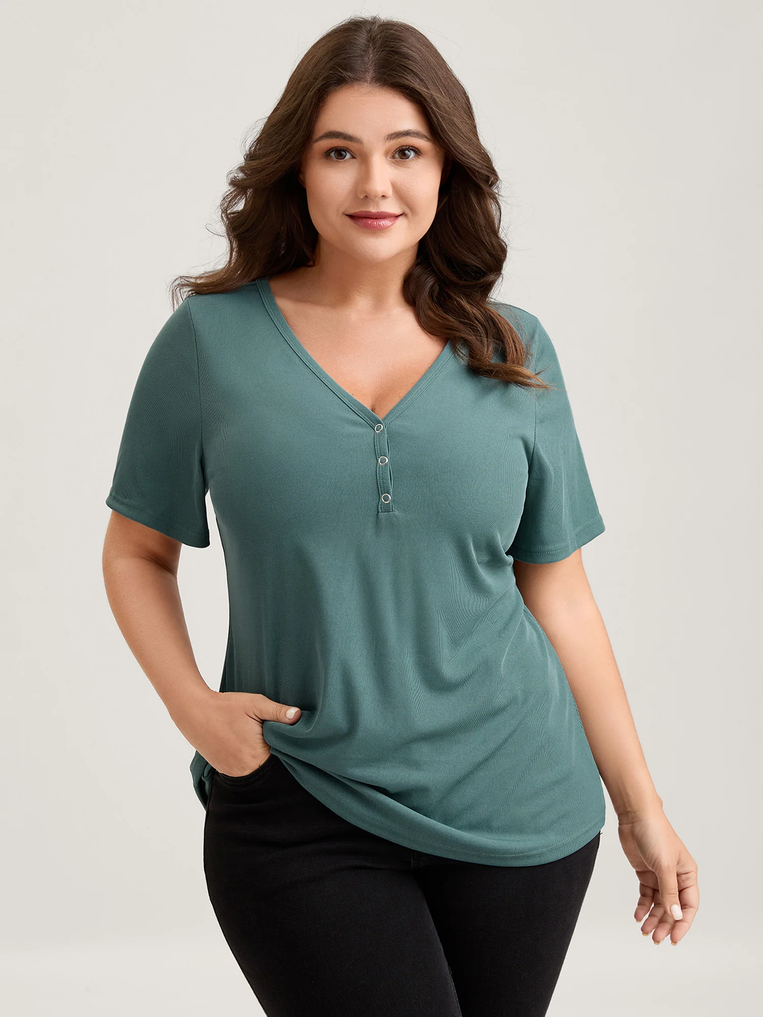 Ribbed Button V-Neck Knit T-Shirt