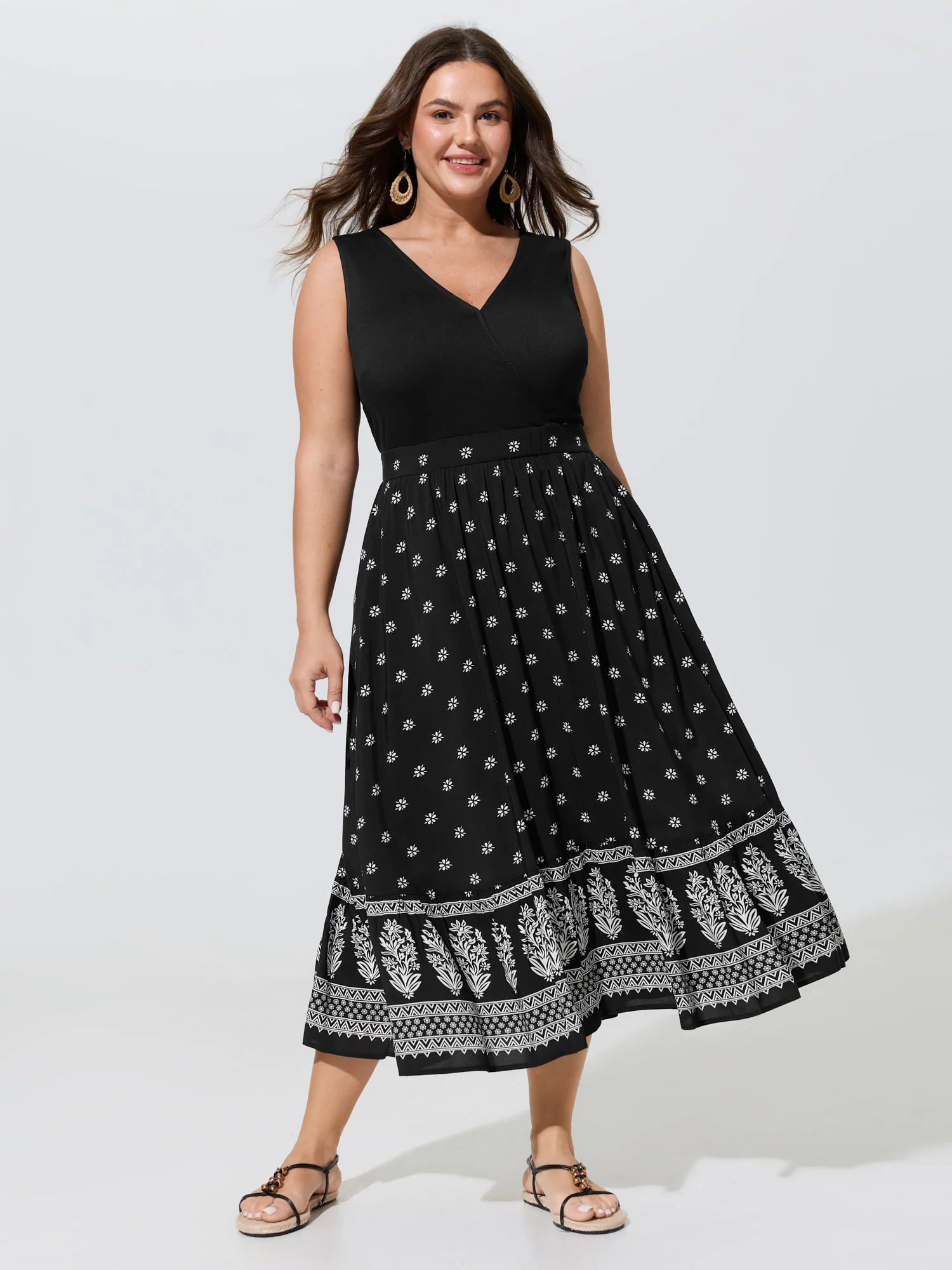 Floral Print Bust-Friendly Color Contrast Flowy Midi Dress