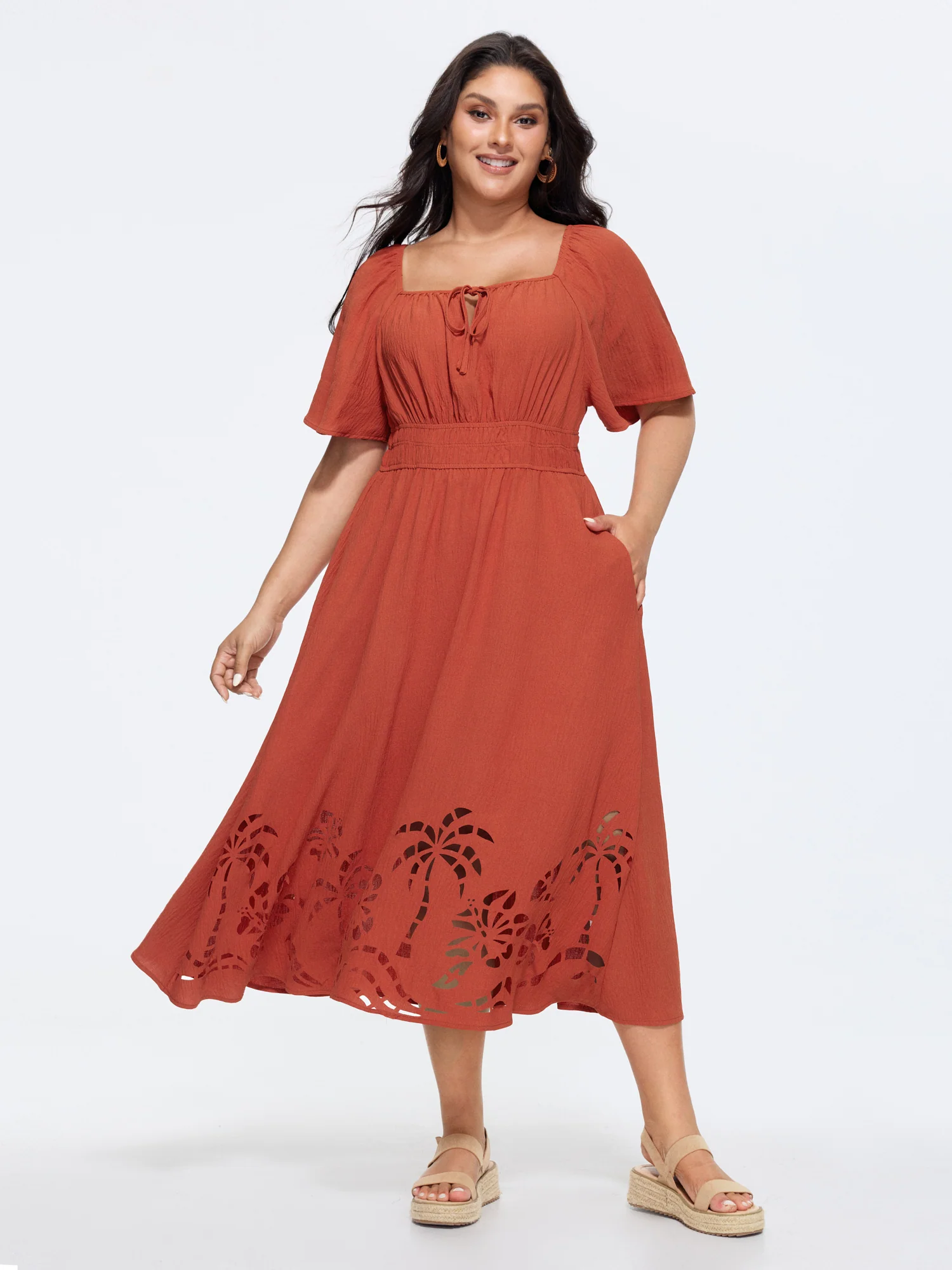 Tropical Laser Cut Hem Drawstring Midi Dress