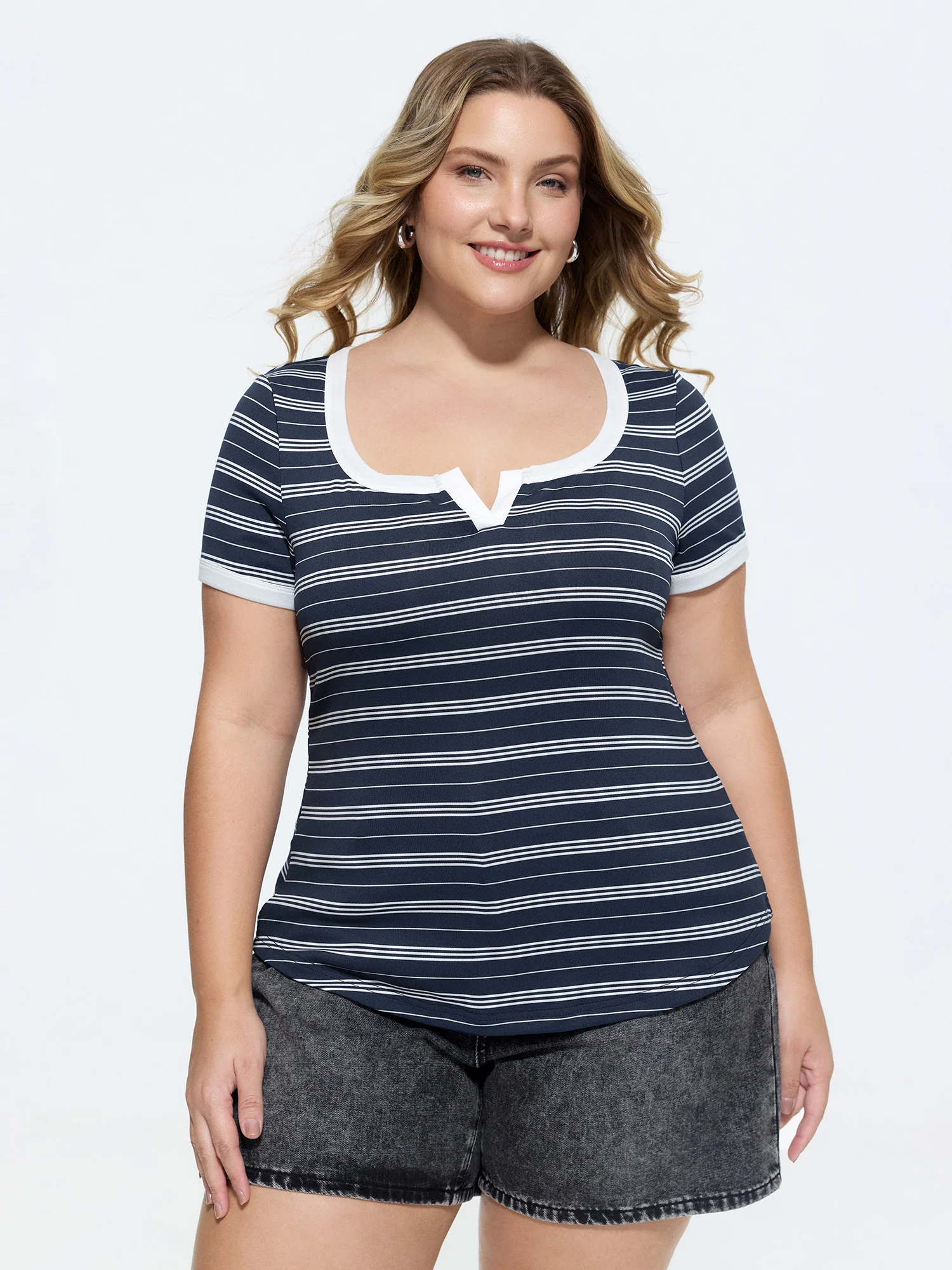 Striped Split Neckline Color Contrast T-Shirt
