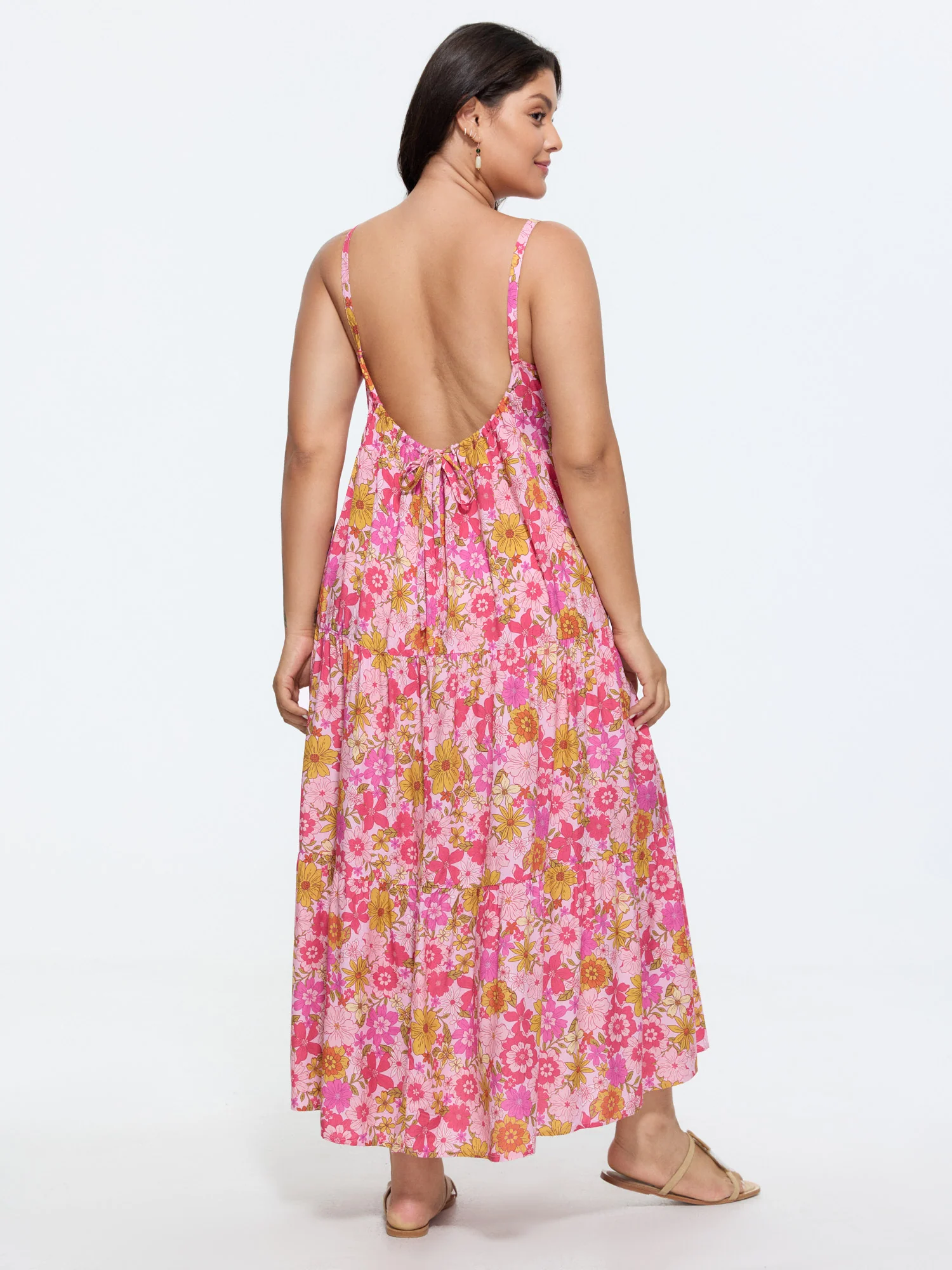 Floral Print Adjustable Backless Drawstring Maxi Dress