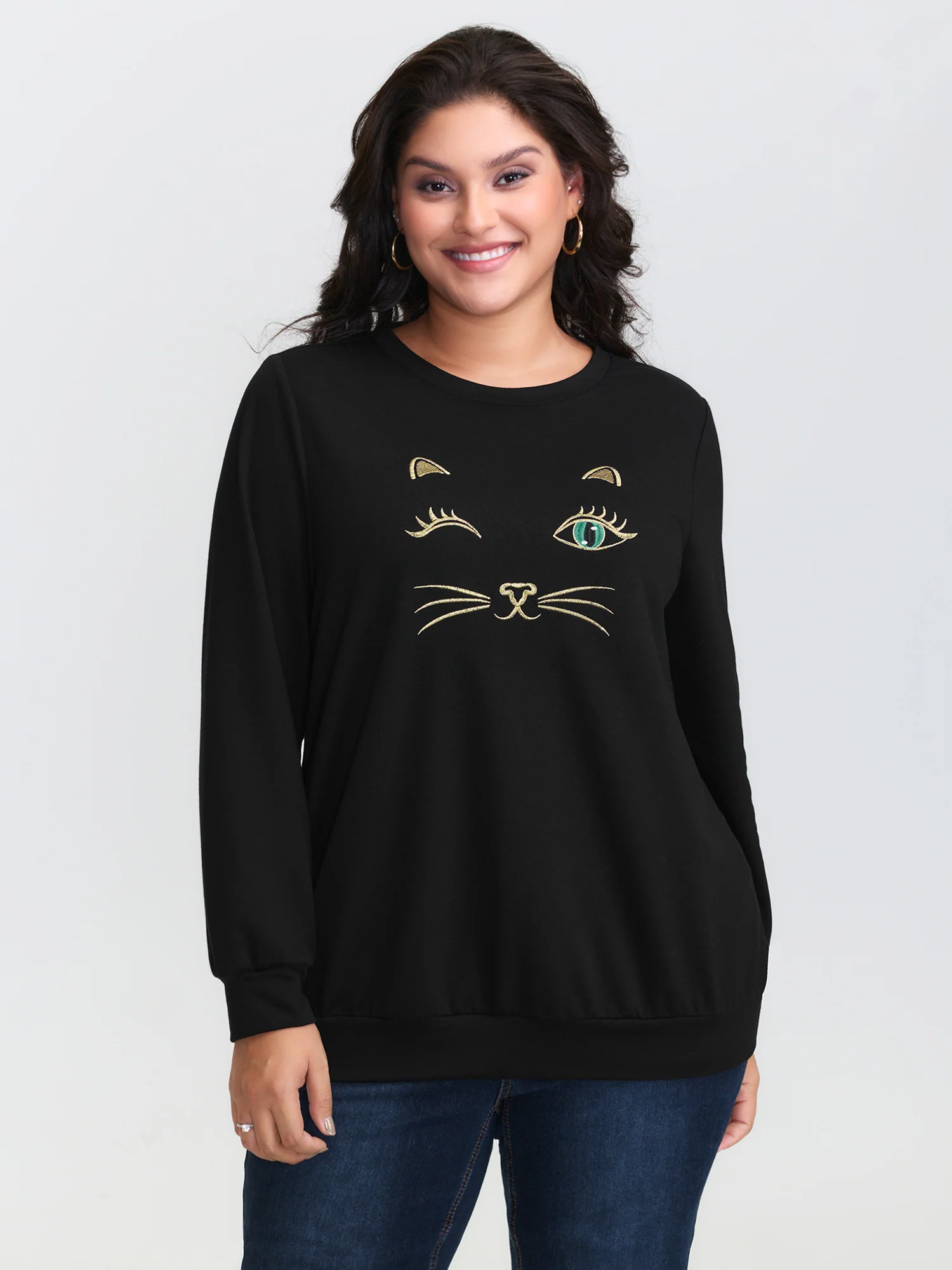 Meow Embroidery Stretchy Round Neck Sweatshirt