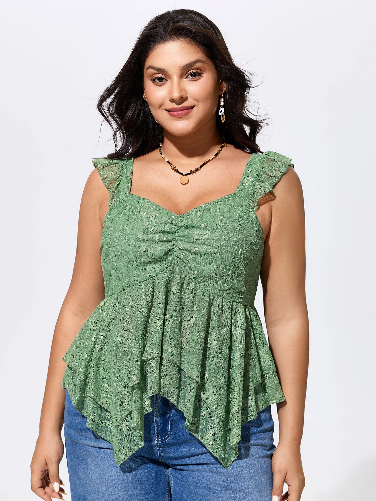 Stretchy Floral Lace Sweetheart Neckline Blouse