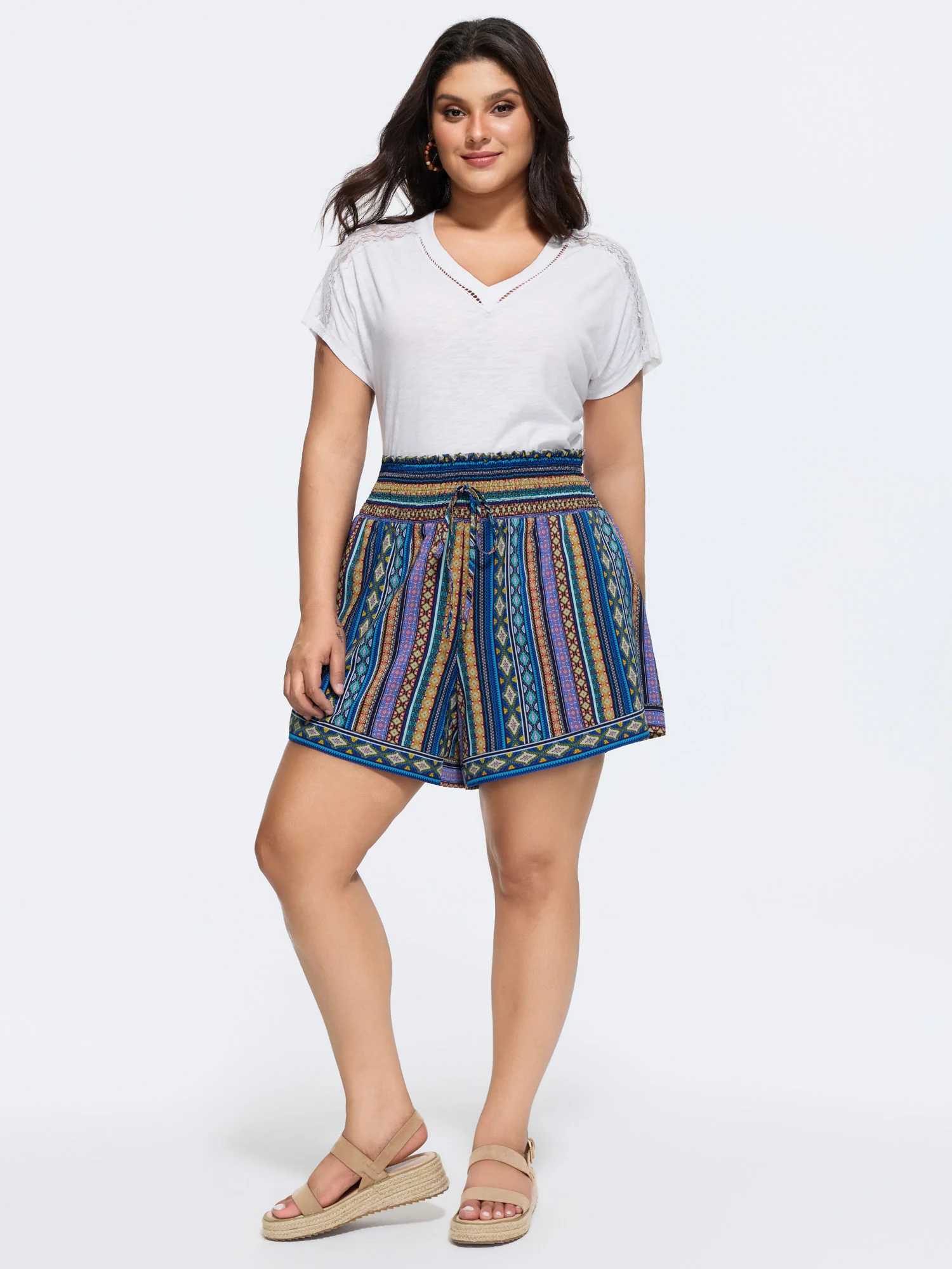 Geometric Striped Drawstring Waist Shorts
