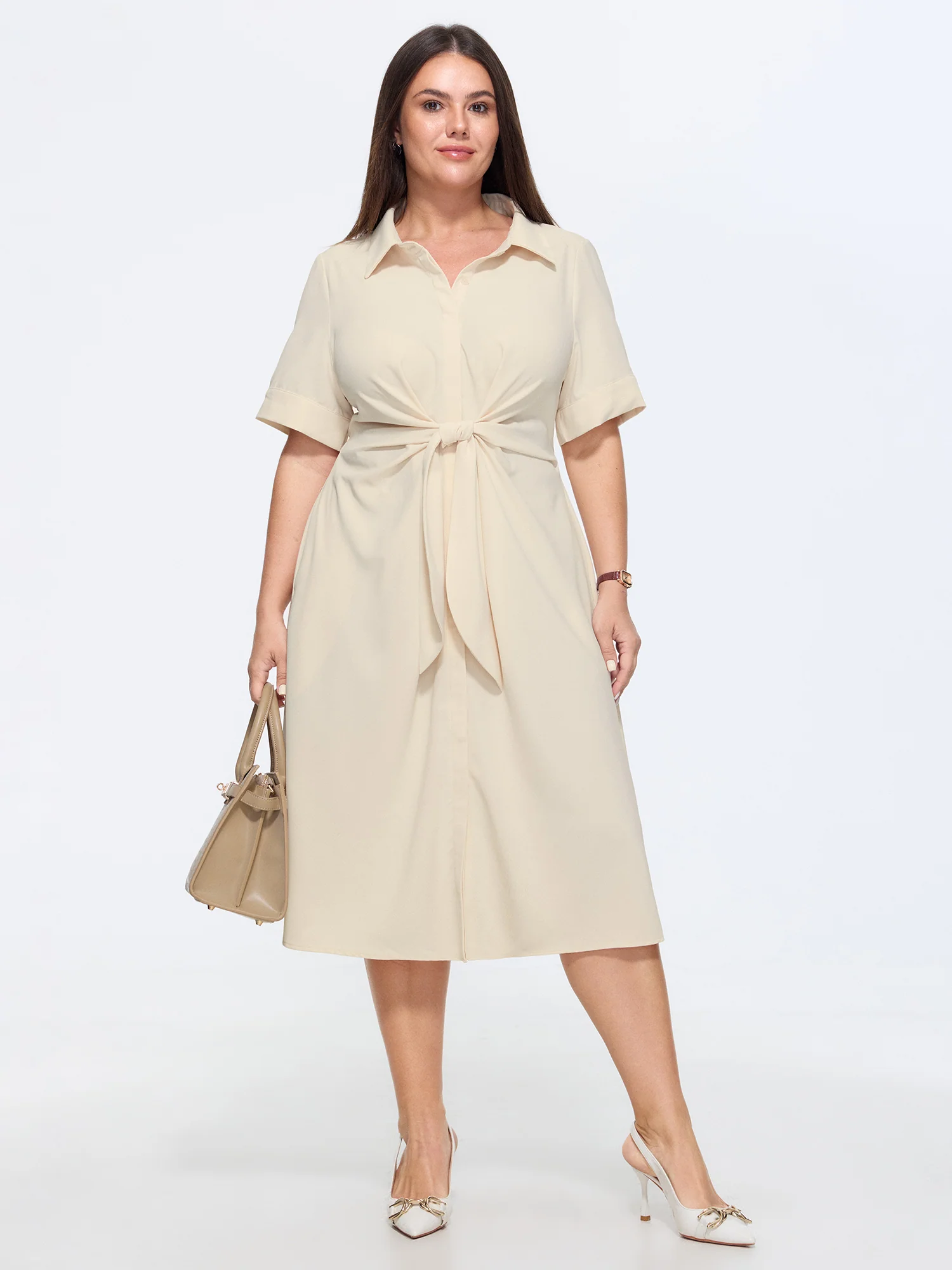 Knotted From Collared Midi Shirt Dress