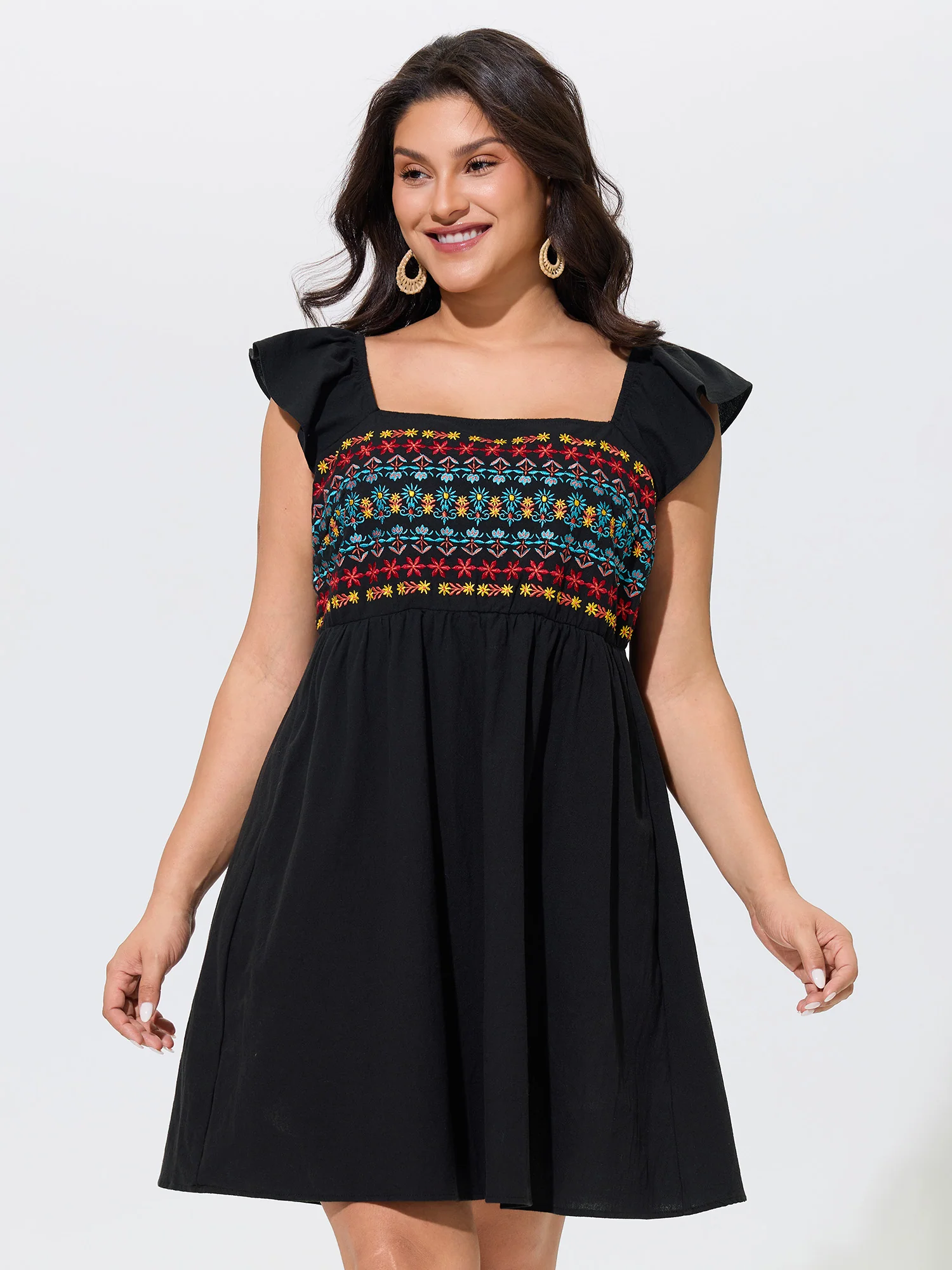 Cotton Boho Embroidery Ruffle Strap Mini Dress