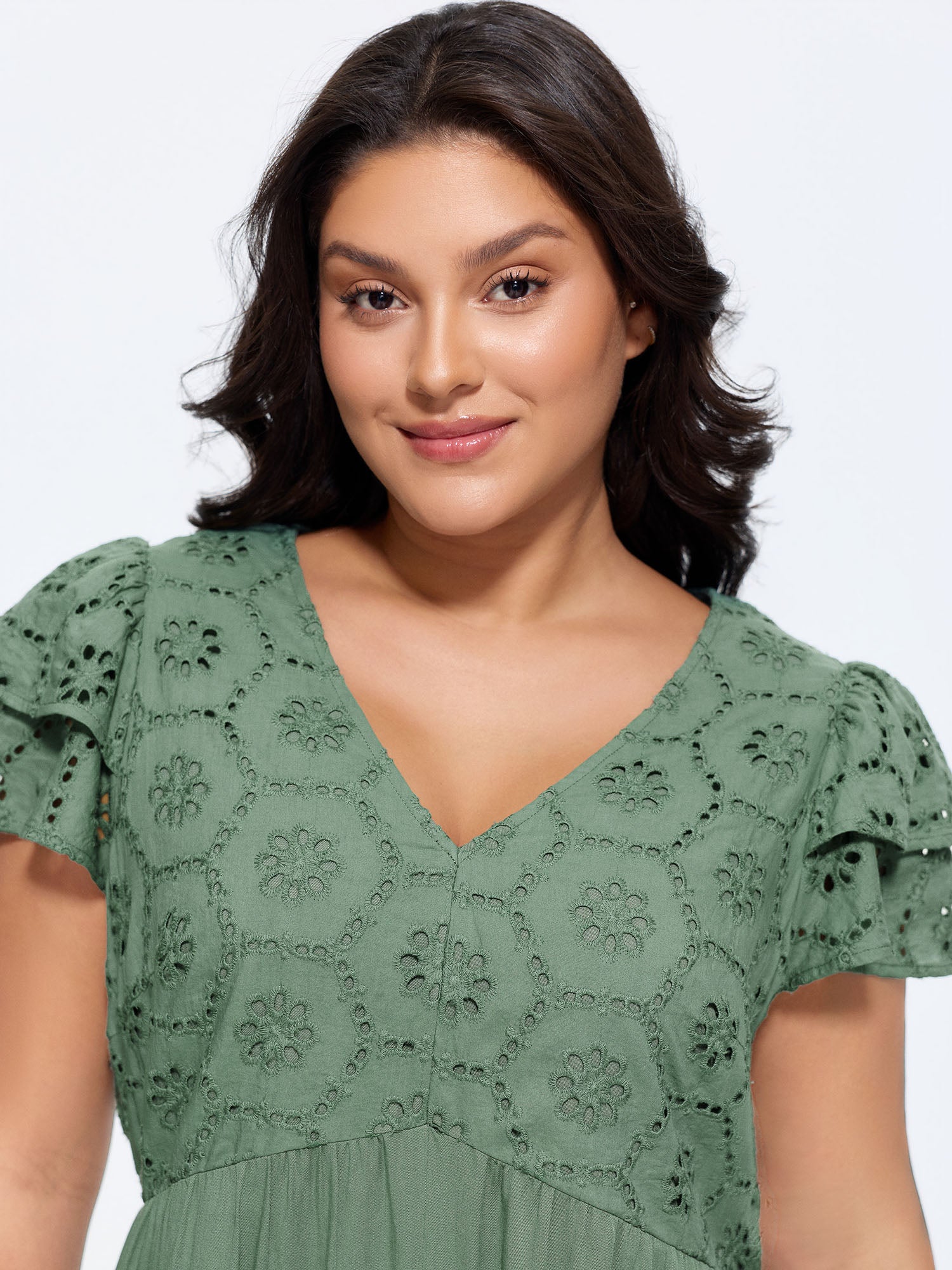 Eyelet Trim Layered Sleeve Romper