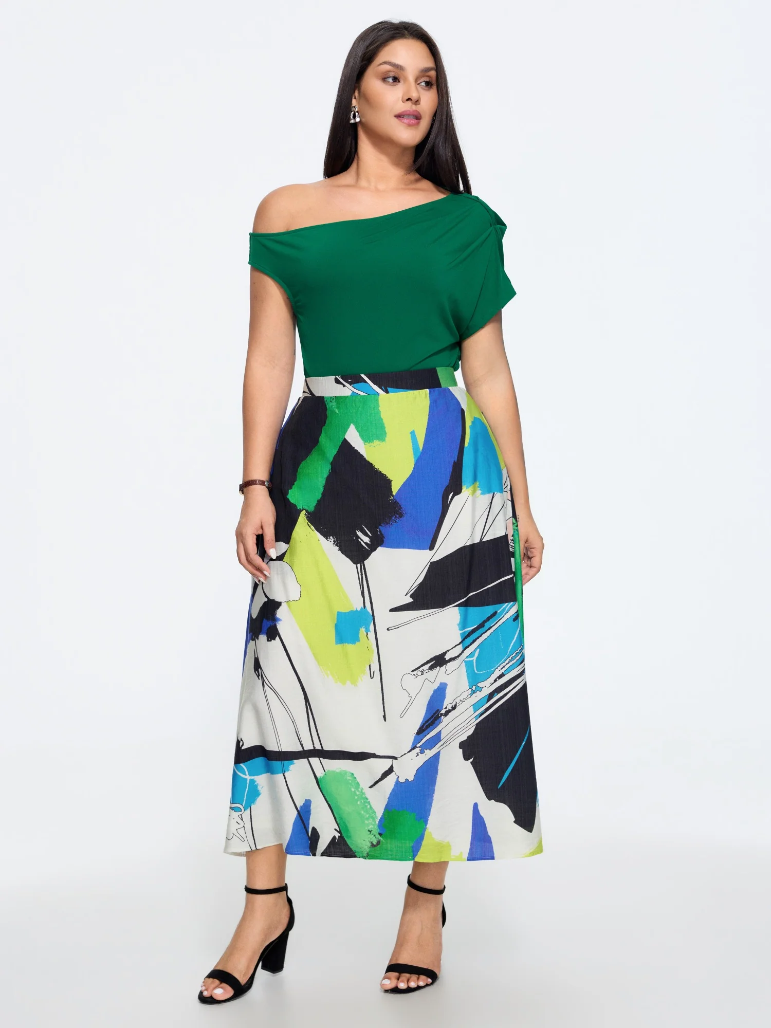 Abstract Art Print Elastic Waist Midi Skirt
