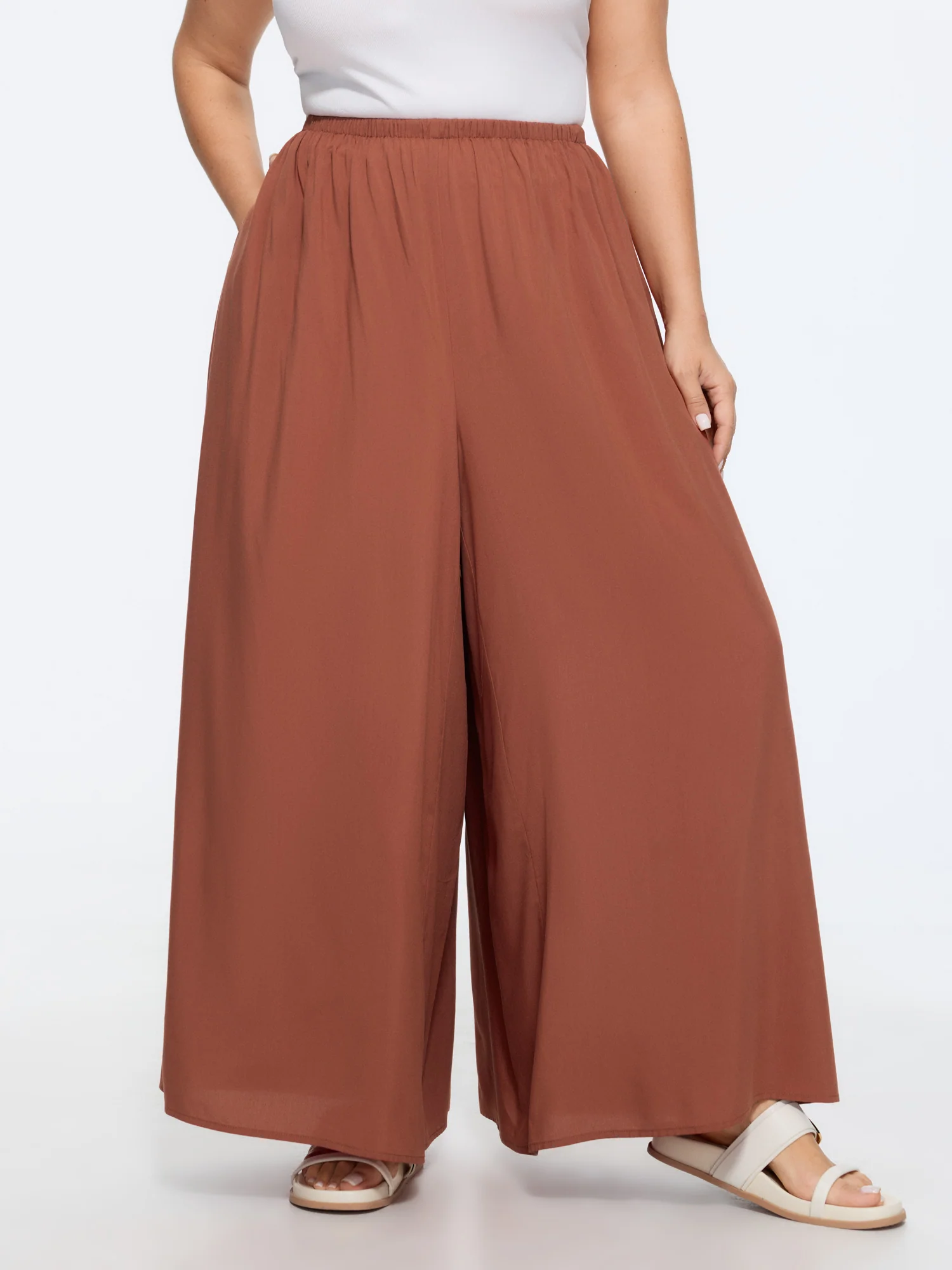 Shirred Waist Plain Flowy Wide-Leg Pants