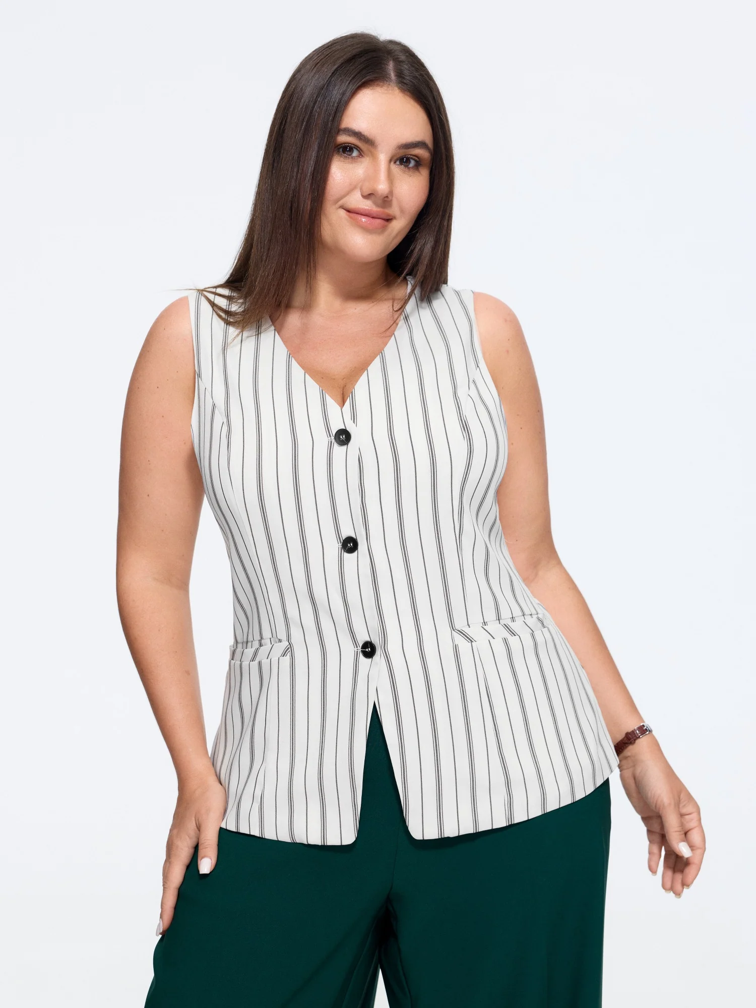 Vertical Stripes Print Three Buttons Blazer Vest