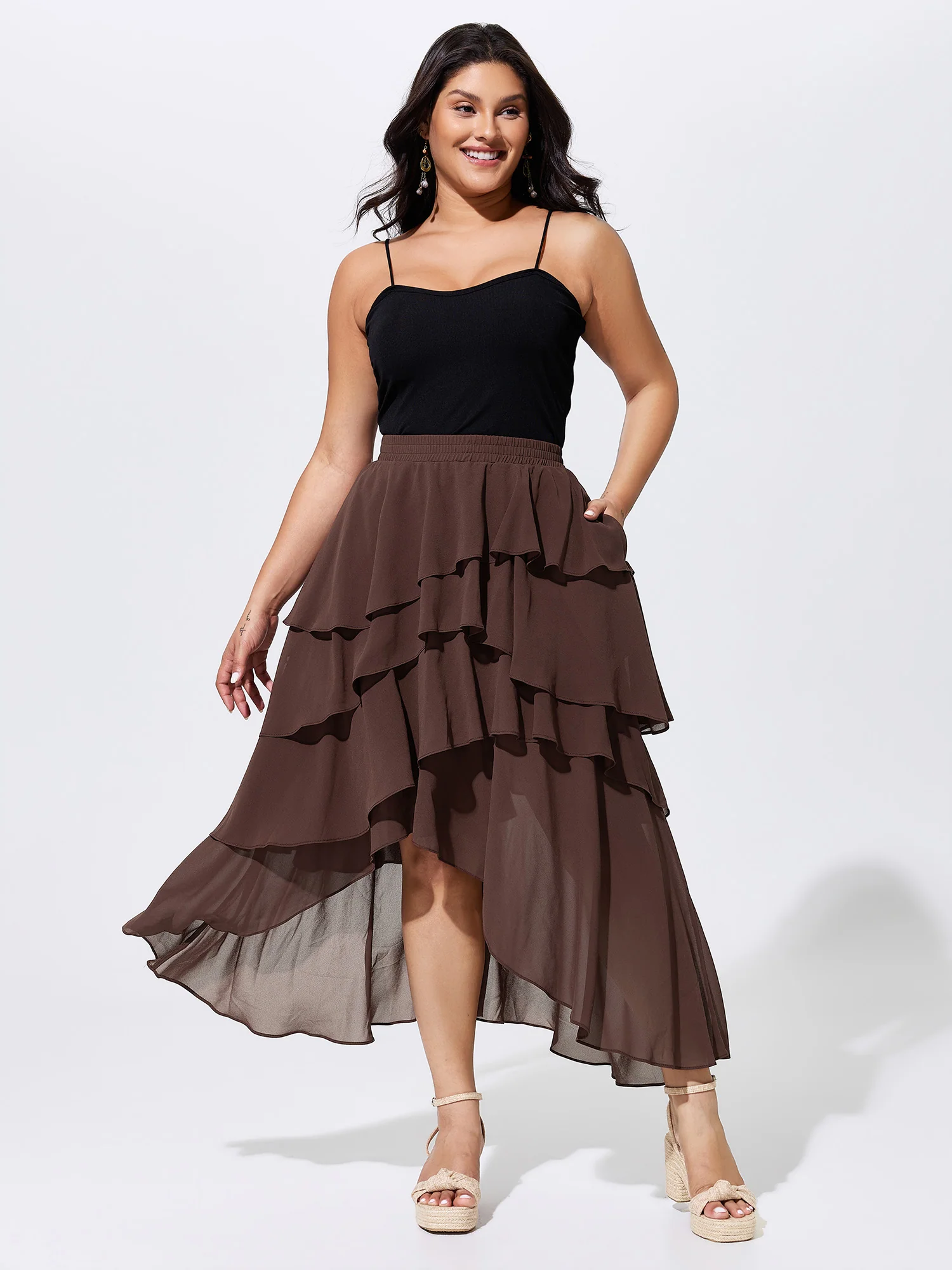 Ruffled Tiered Flowy Asymmetrical Maxi Skirt