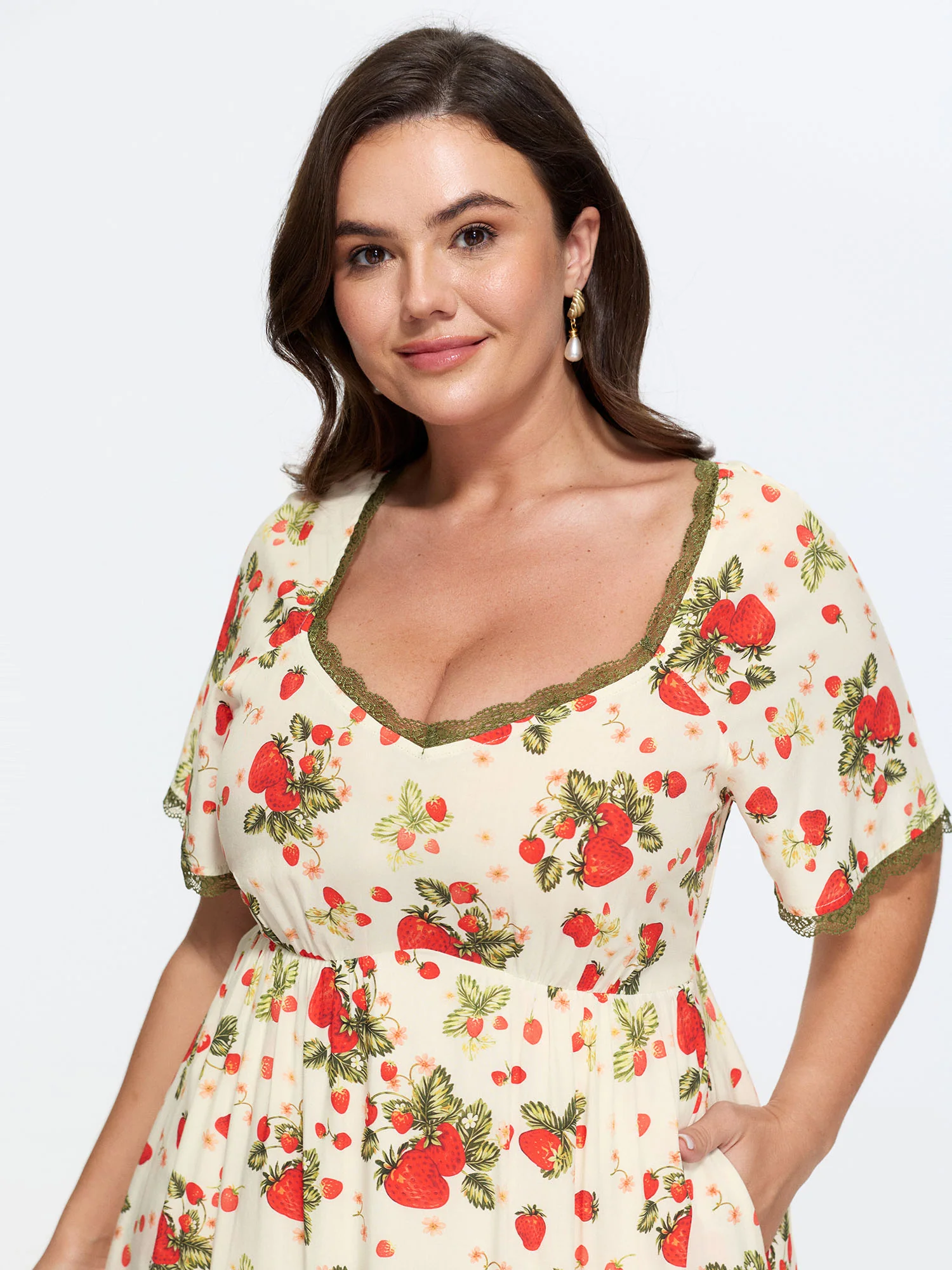 Strawberry Print Lace Detail Pockets Midi Dress