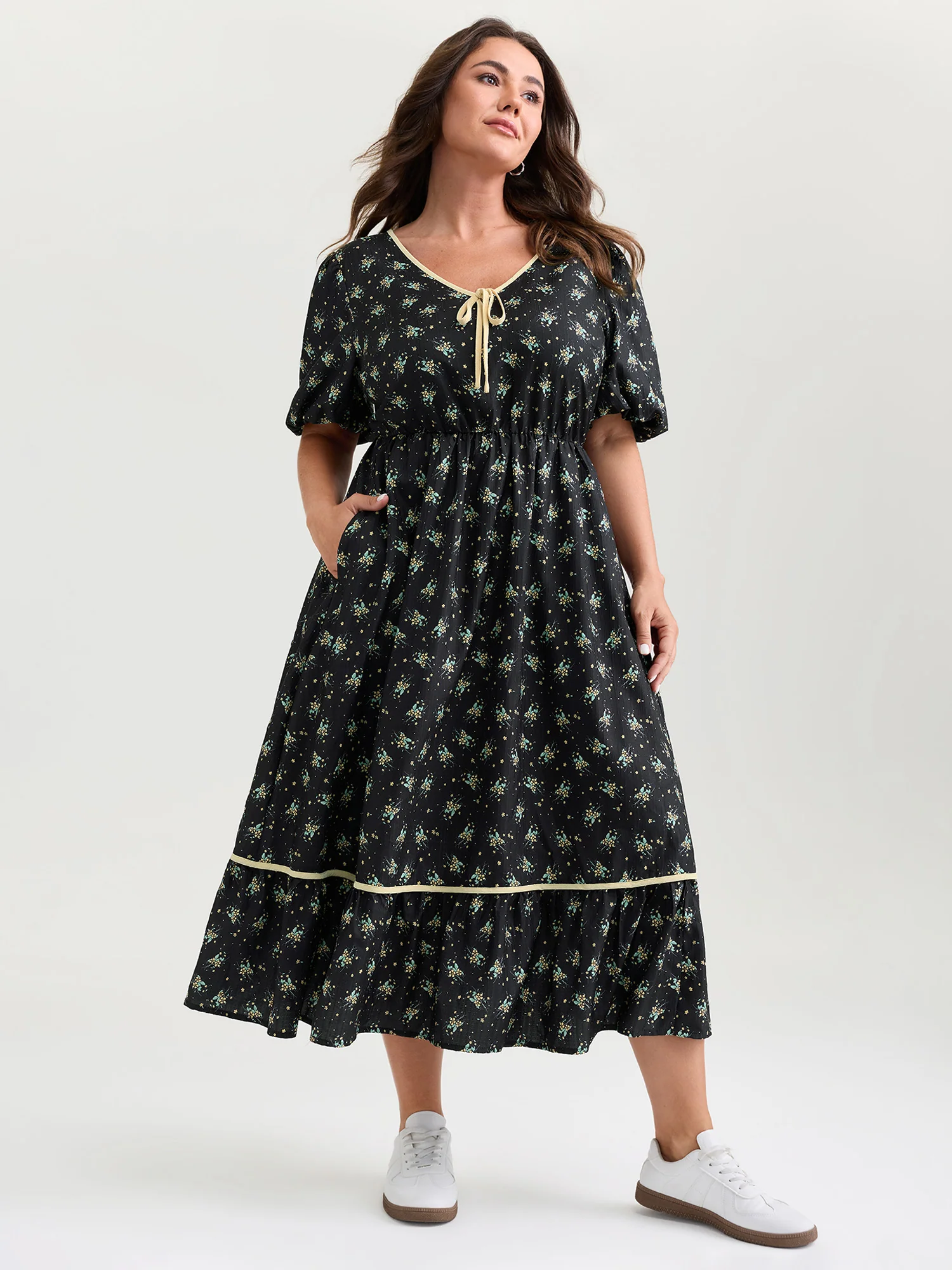 Floral Print Neck Tie Contrast Midi Dress