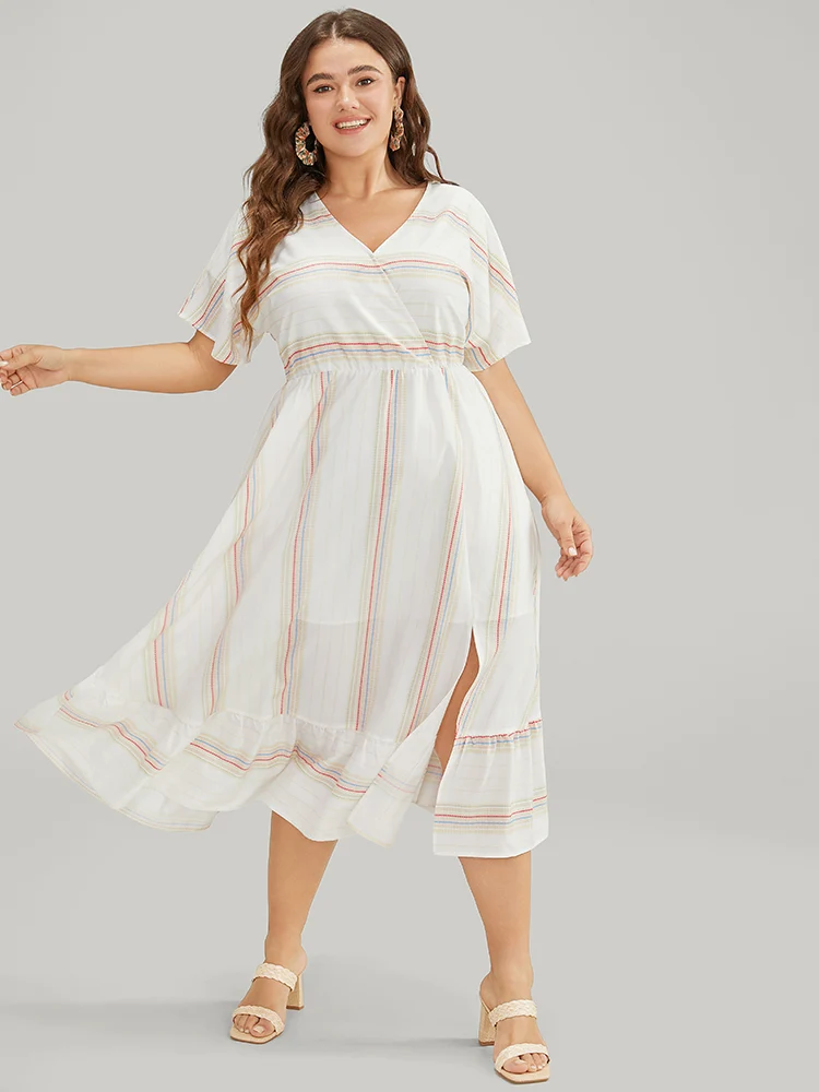 Striped Contrast Flutter Hem Dolman Sleeve Pocket Split Wrap Dress
