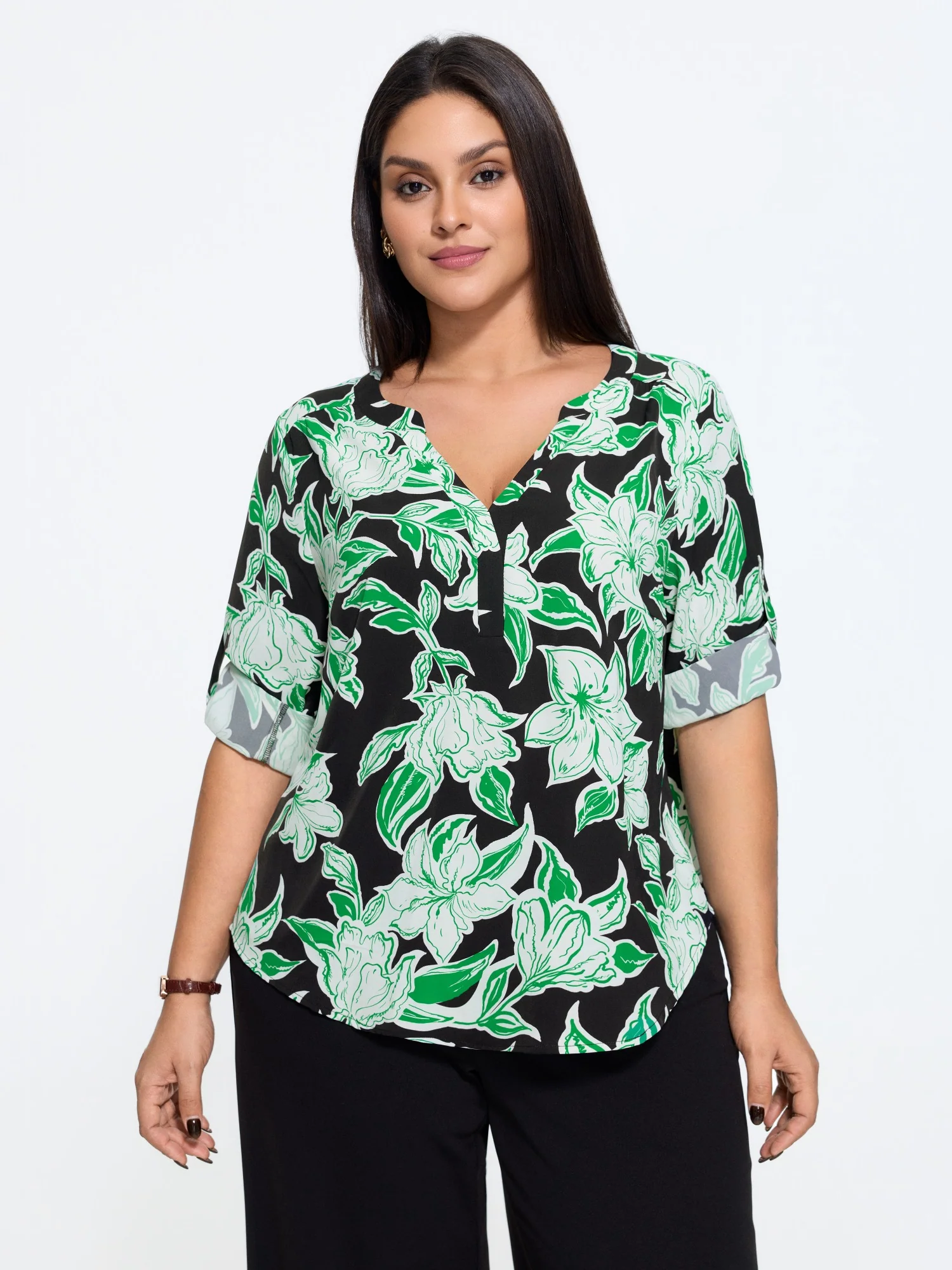 Floral Print V Neck Curved Hem Blouse
