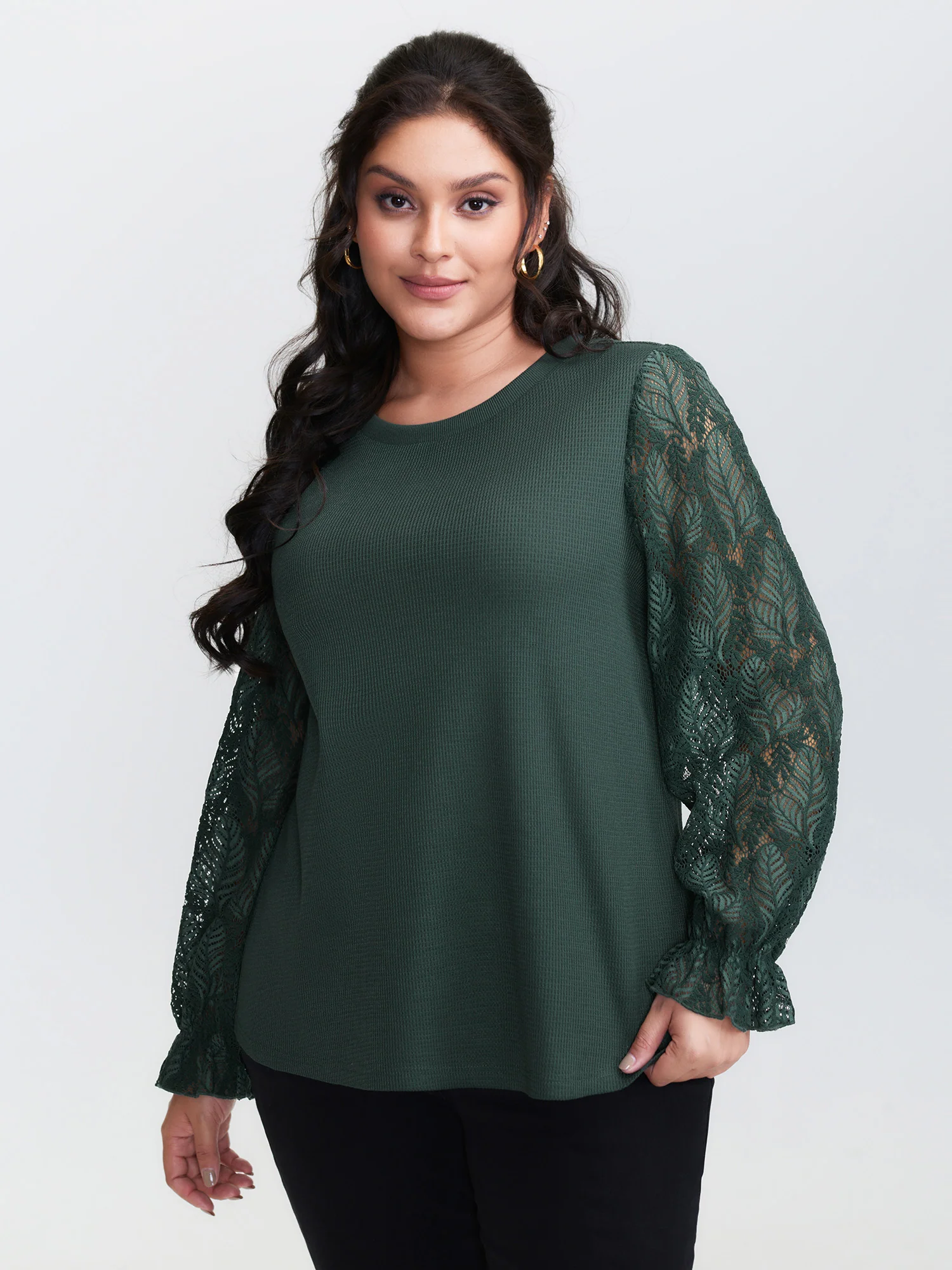 Lace Shirred Cuff Sleeve Sweatshirt
