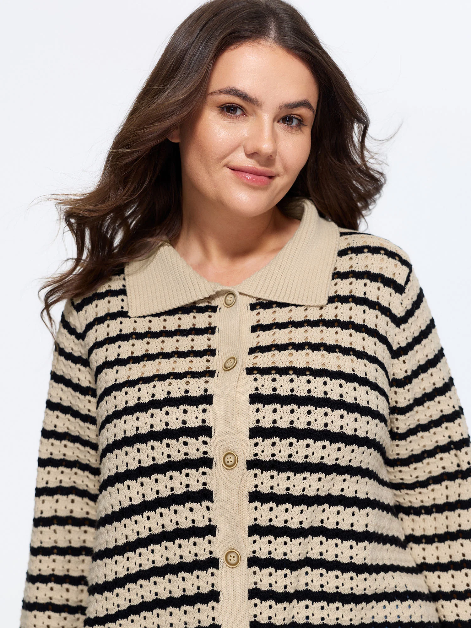 Striped Hollow Collared Button Front Cardigan