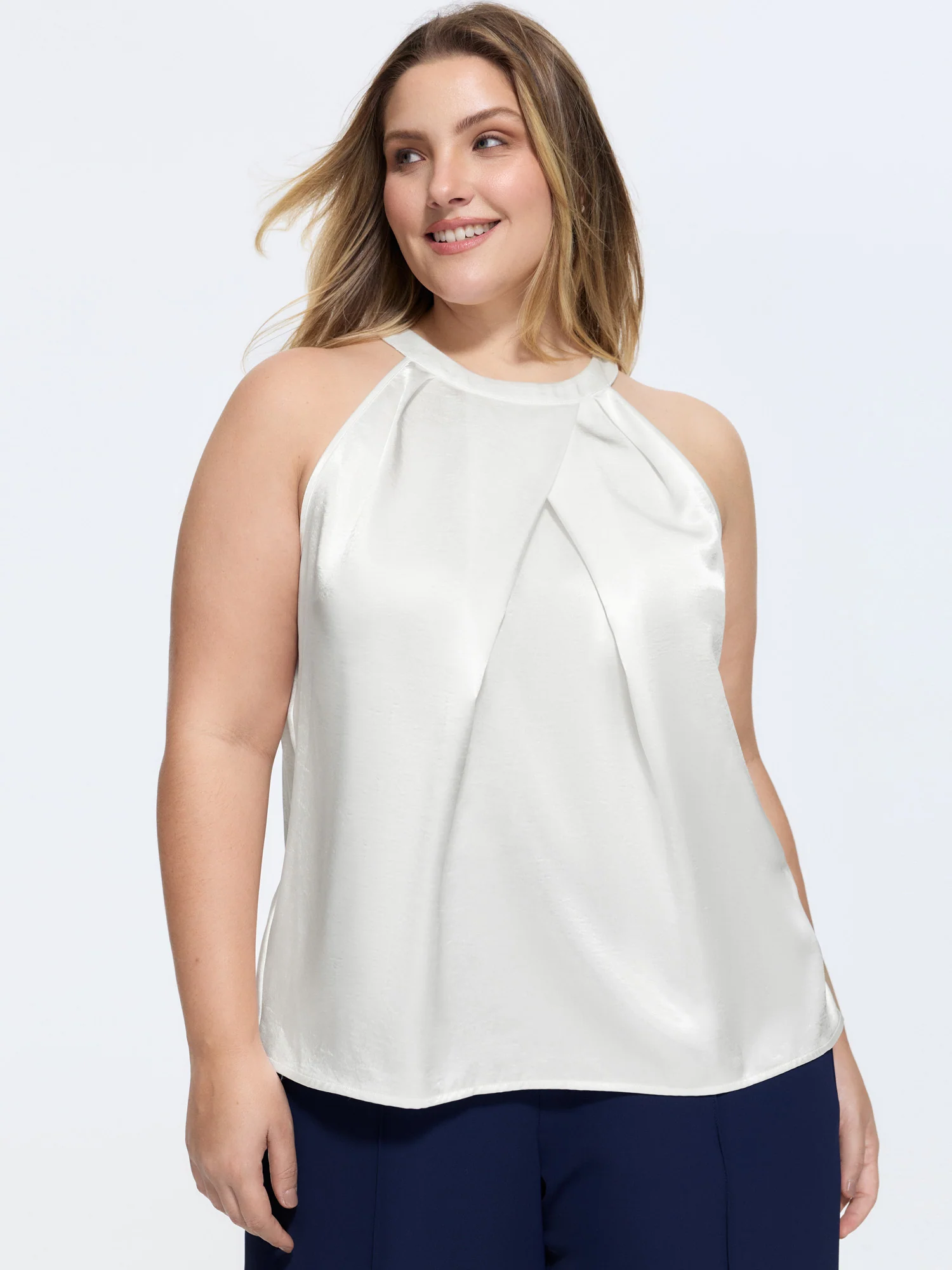 Satin Halter Neckline Overlap Pleats Tank Top