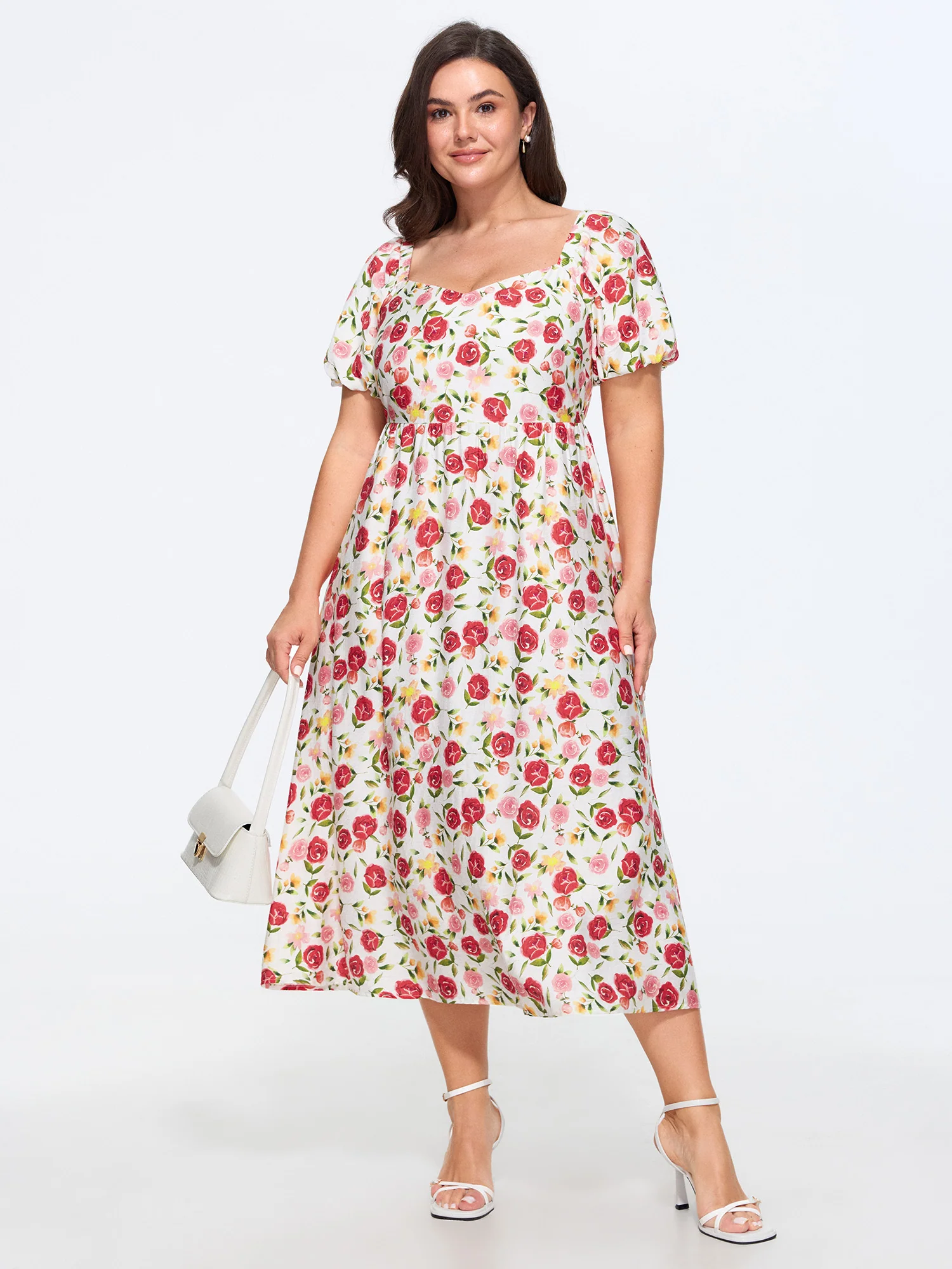 Rose Print Back Bow Detail Midi Dress