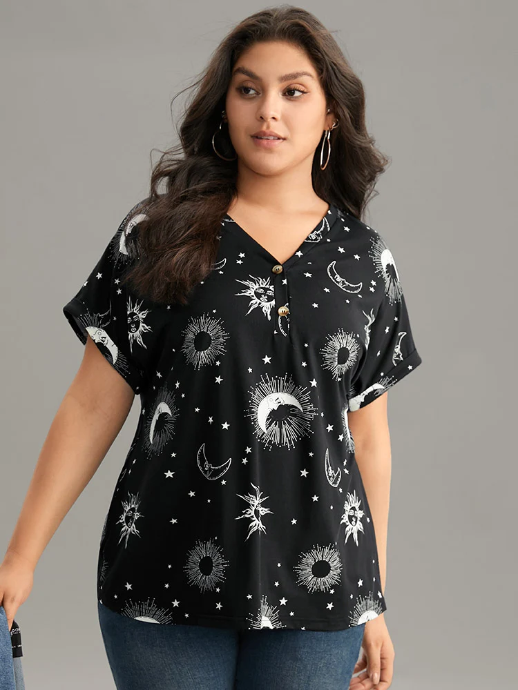 Horoscope Print V Neck Cuffed Dolman Sleeve T-shirt
