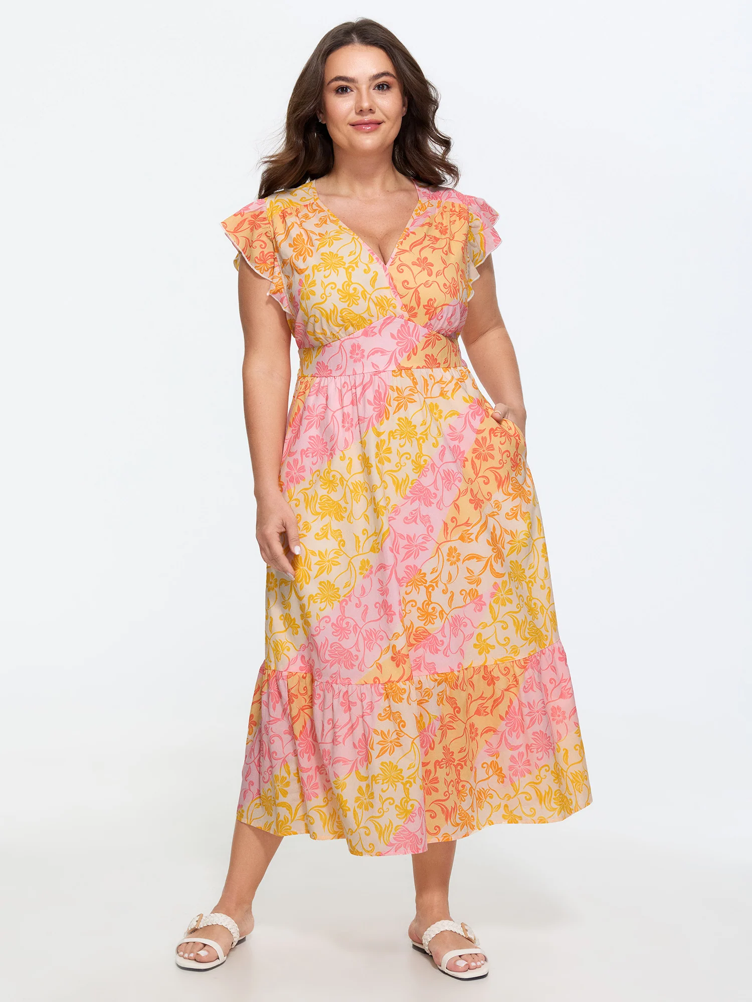 Supersoft Floral Print Ruffled Sleeve Midi Dress