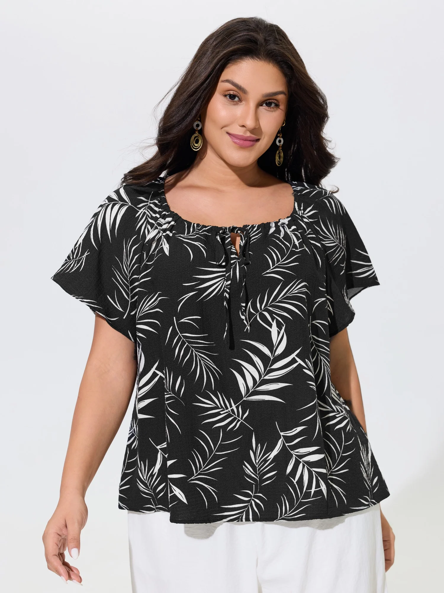 Palm Leaf Print Drawstring Neck Blouse