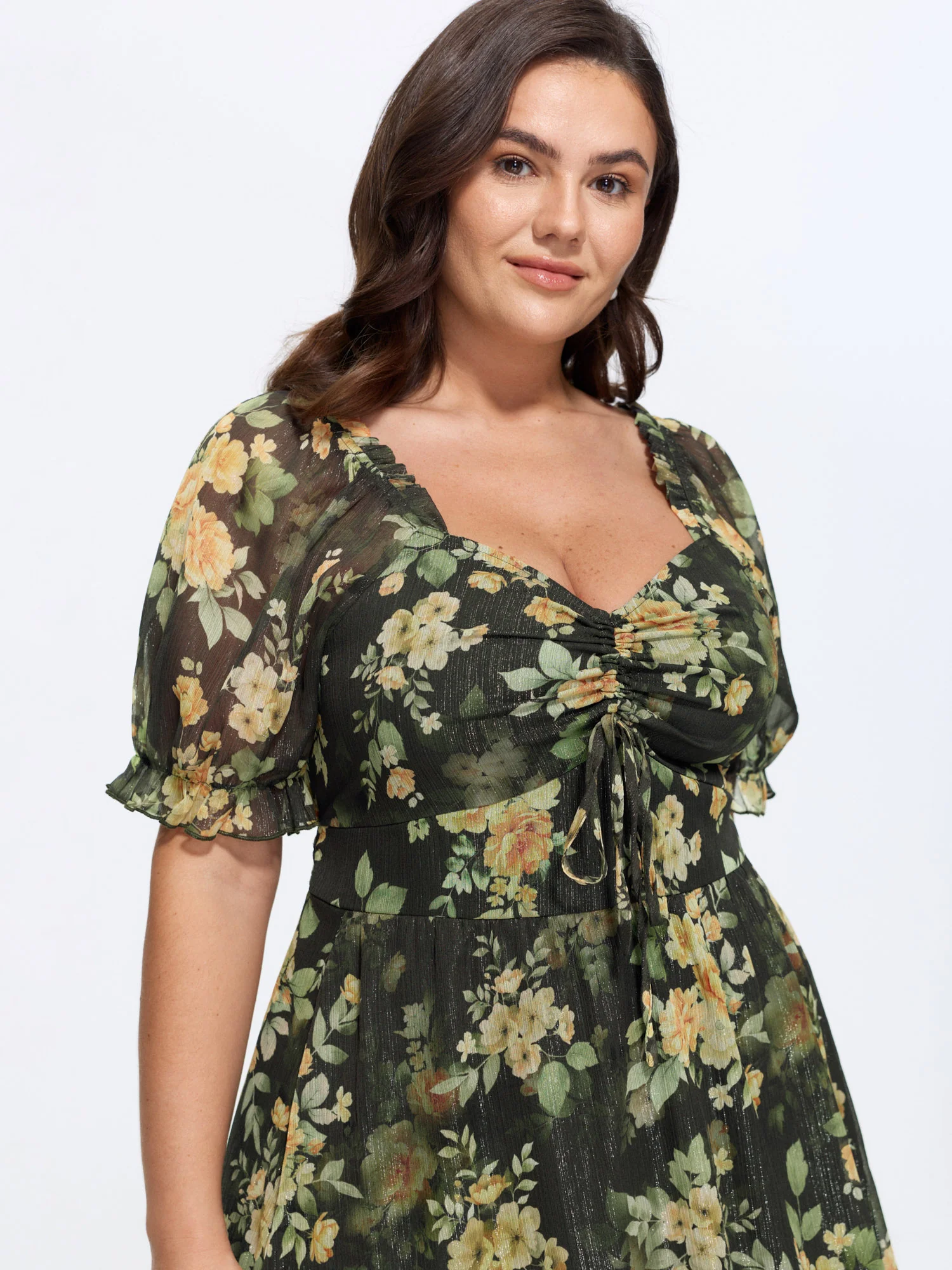 Floral Print Puffy Sleeve Midi Dress