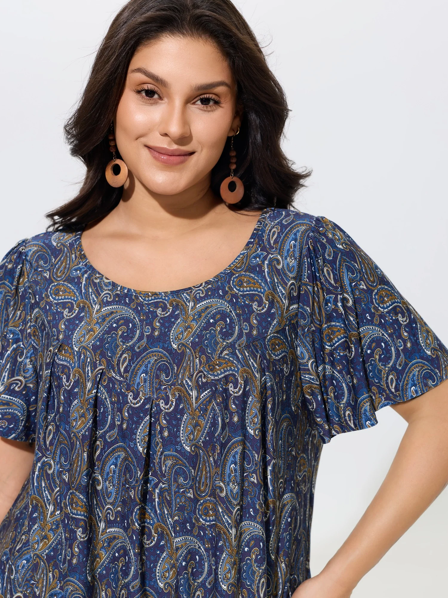 Paisley Print Round Neck Front Pleated Top